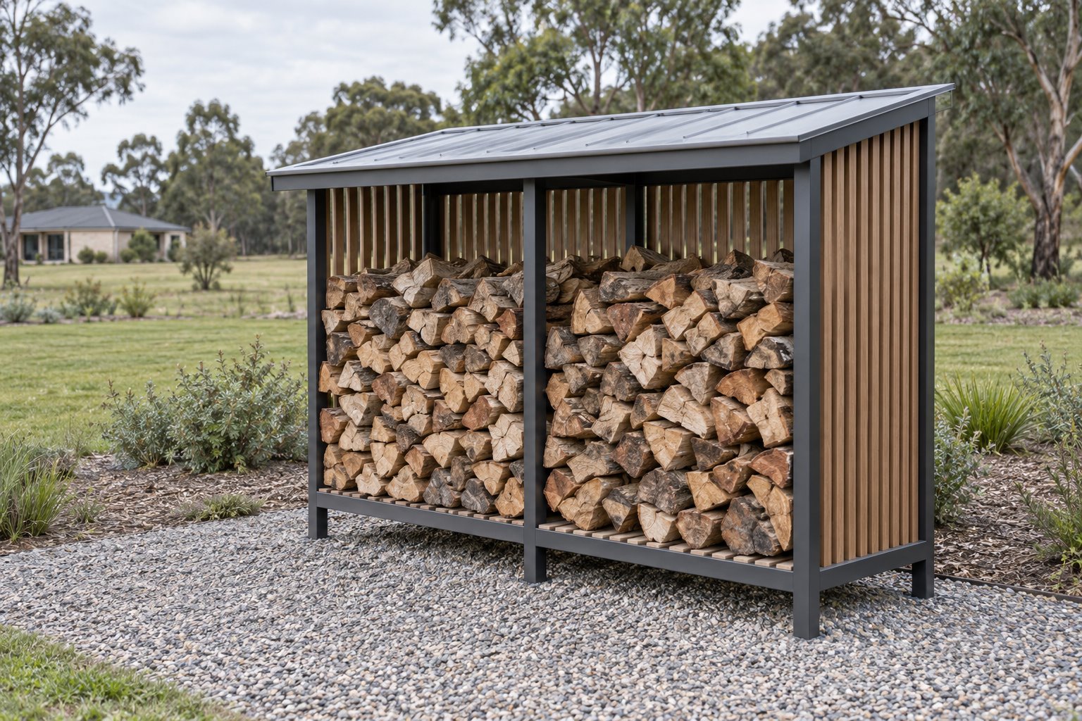 Freestanding two-bay firewood rack with a pale metal roof, raised slatted base, open front and spaced timber sides in a rural-living garden.