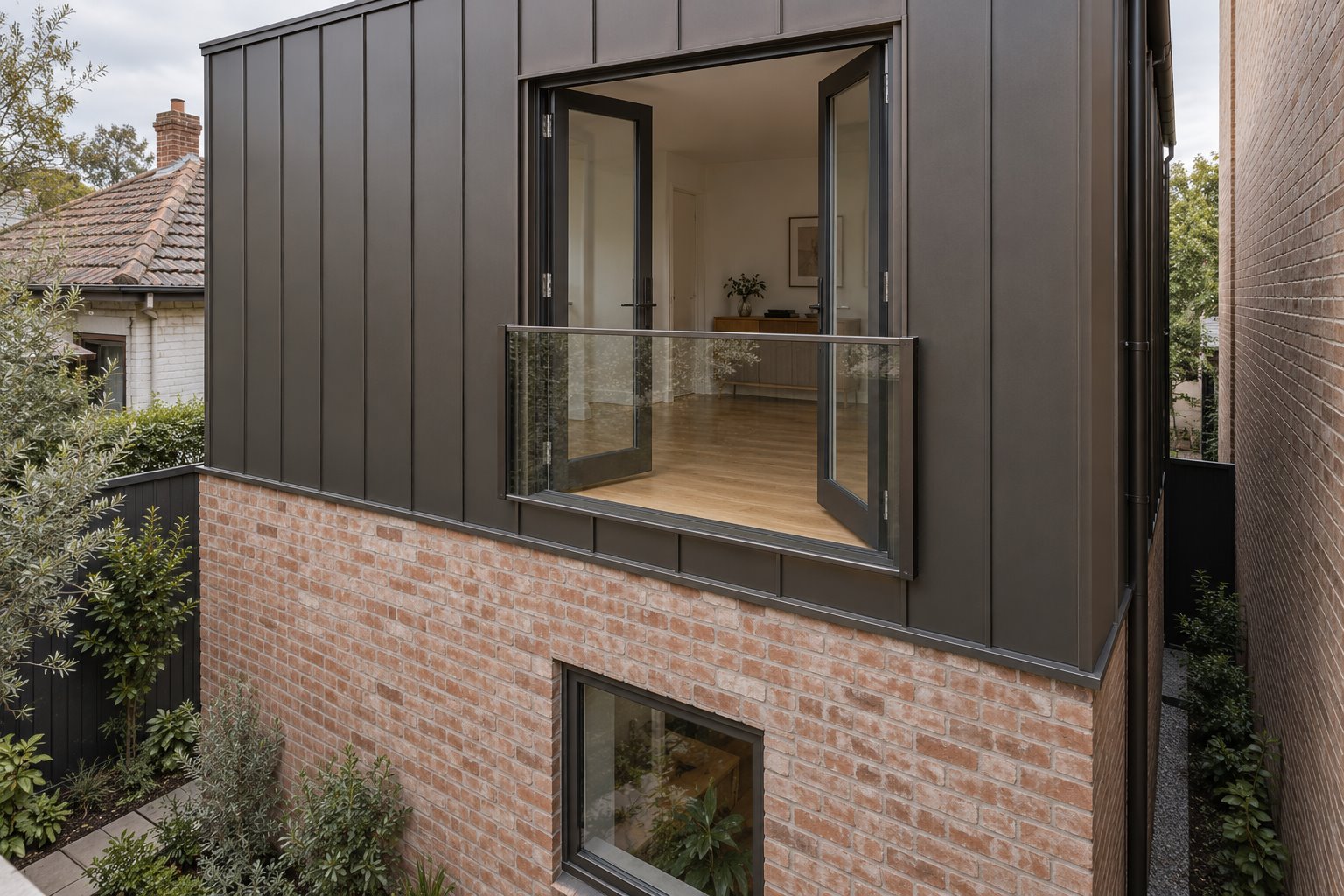 Inward-opening upper glazed doors sit behind a slim glazed guard on a modern metal-clad rear wall, with no projecting balcony platform.