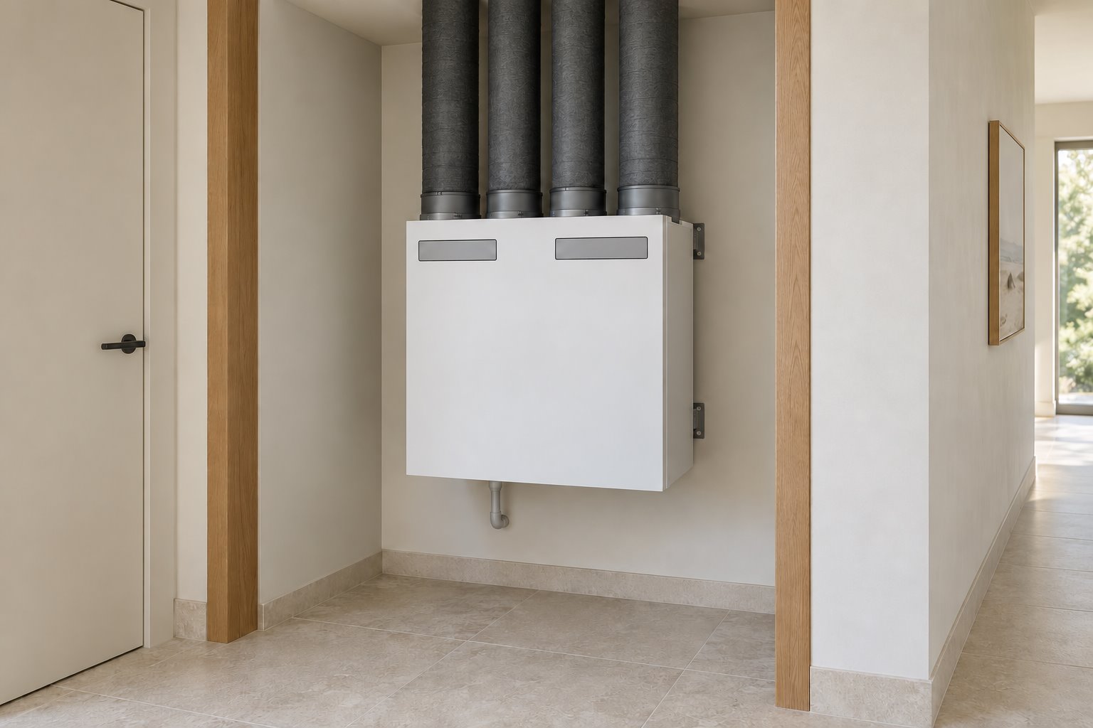 A generic white ventilation unit has four insulated ducts rising out of view within an open utility alcove, with clear floor space in front.