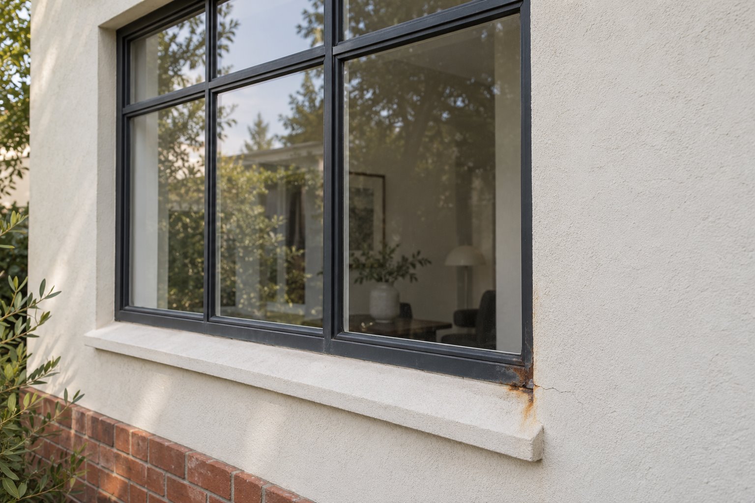 A flat dark metal window meets a pale textured wall and sill, with a small rust-coloured stain and fine crack beside the lower right frame.