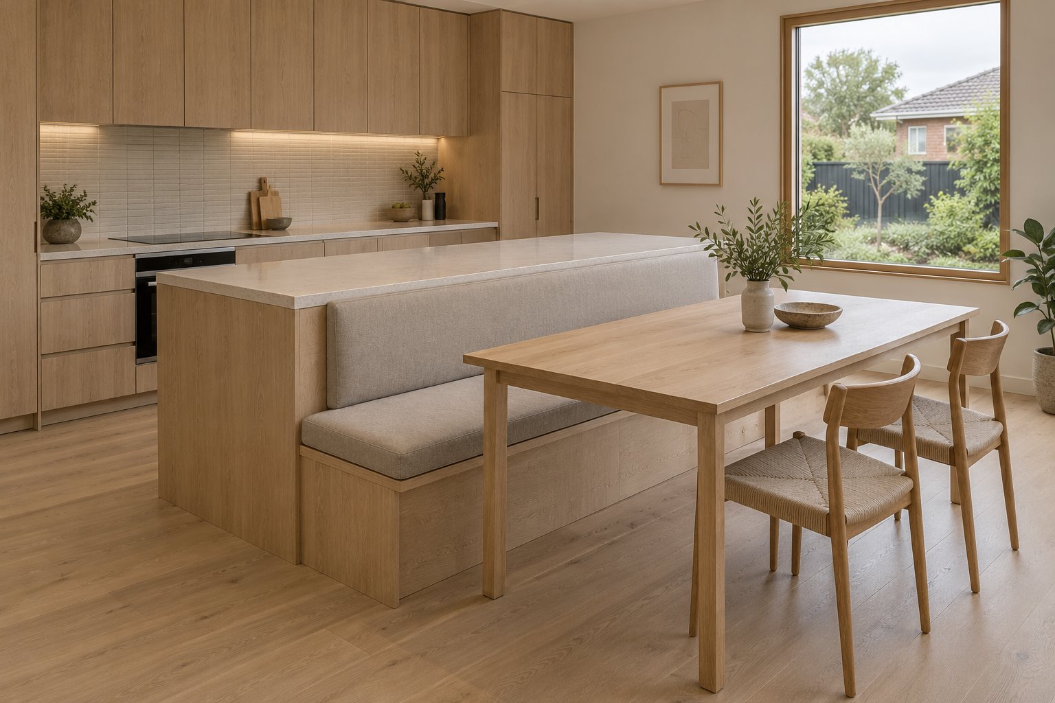Contemporary kitchen concept with a straight upholstered dining bench attached to the island behind a separate rectangular timber table.