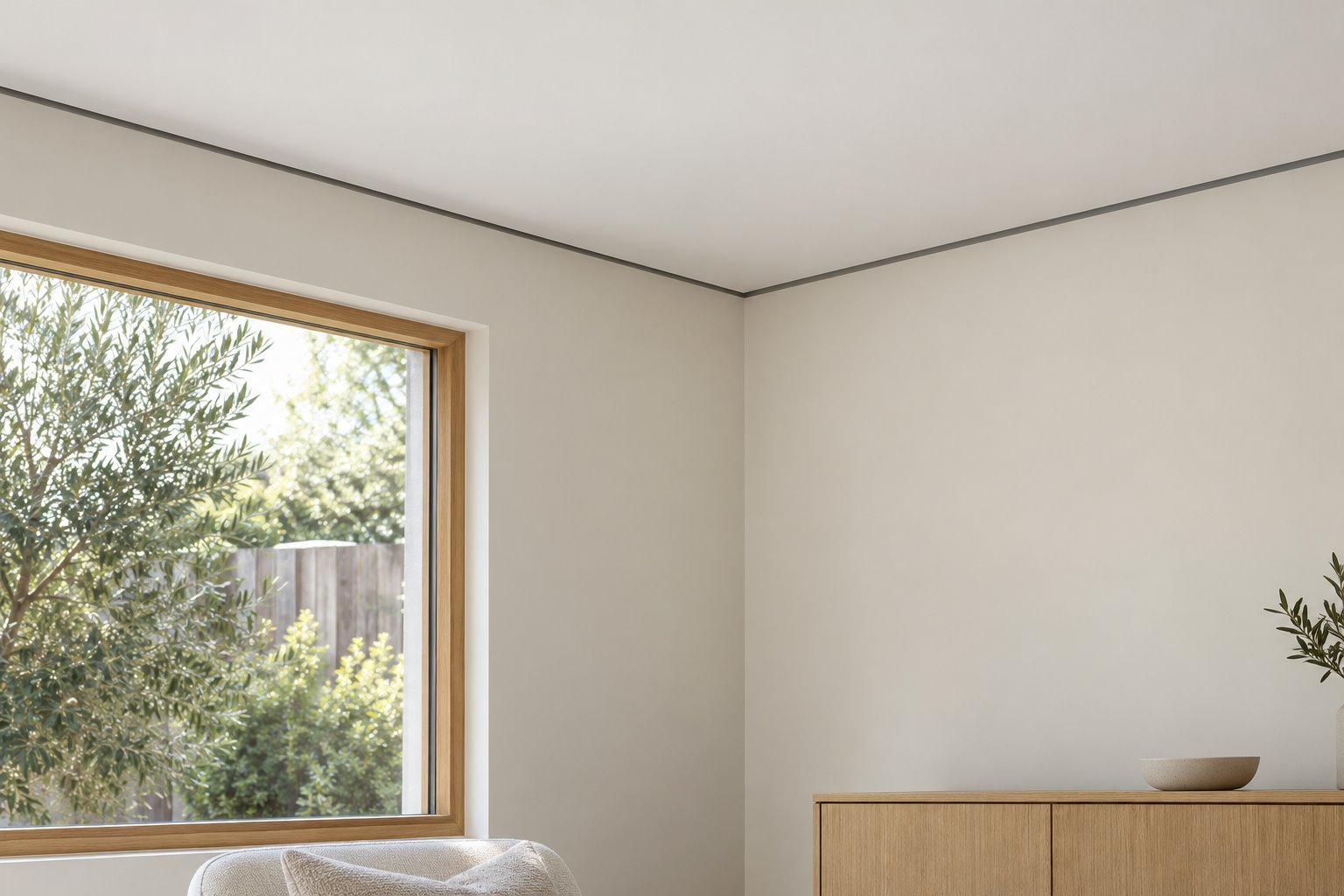 A fine dark ceiling recess continues around a contemporary white room corner above a timber-framed window and low oak cabinet.