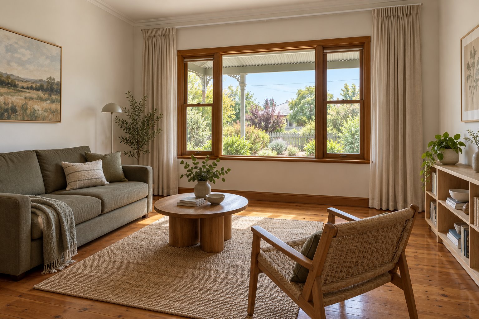 Renovated sitting-room concept with a sofa, timber armchair and a broad flat timber window looking beneath a front verandah towards an established garden.