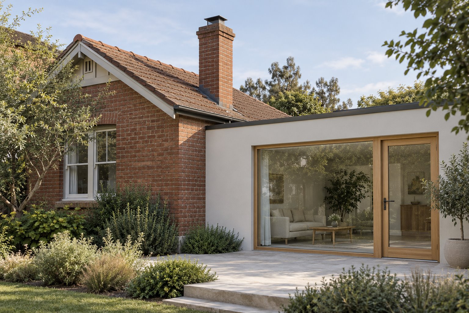 A red brick chimney rises through a tiled gable roof beside a lower white contemporary garden-room addition with timber-framed glazing.