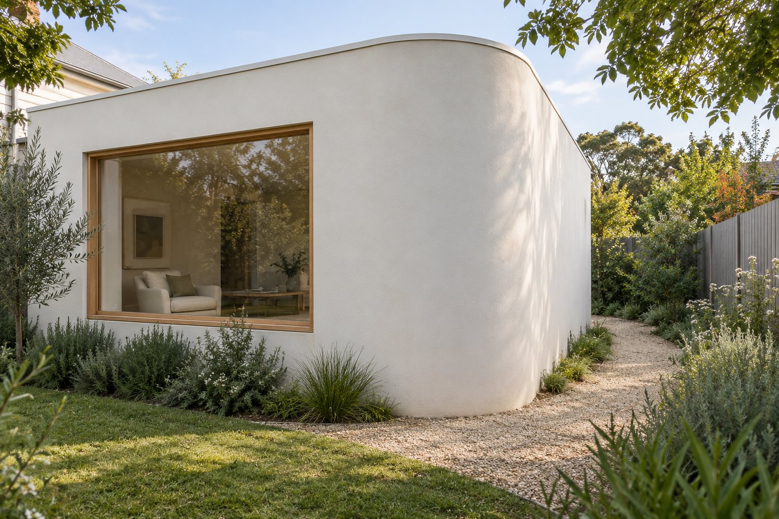 A white garden-room wall has a rounded opaque corner and matching curved roof edge, with an oak-framed window in a straight wall and a gravel path outside.