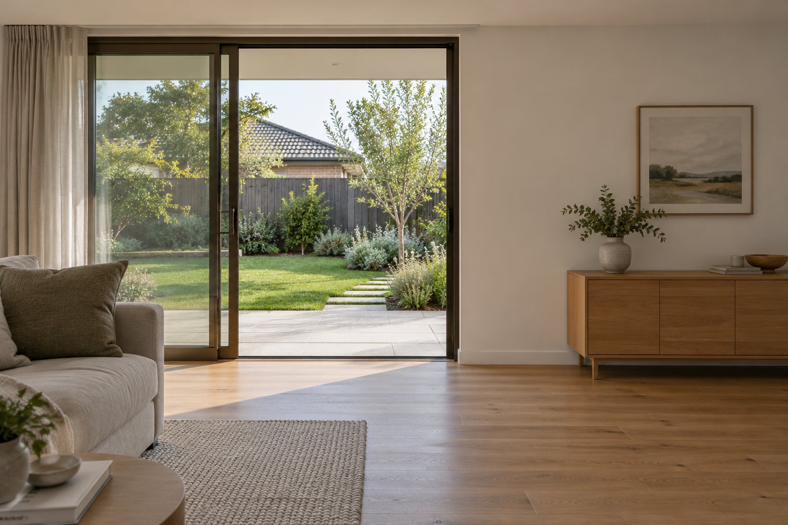 Living room with sliding garden-door panels gathered left, a clear opening beside them and a solid wall with an oak sideboard.