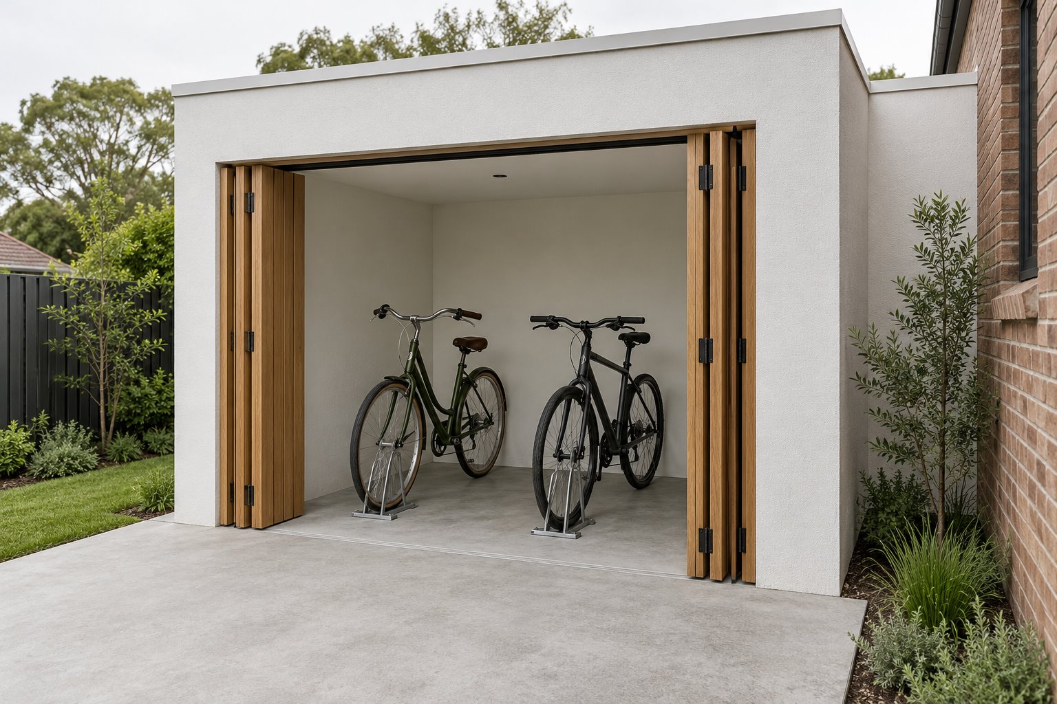 Architectural concept of two bicycles parked on their wheels in a white-rendered enclosure with open folding timber doors.