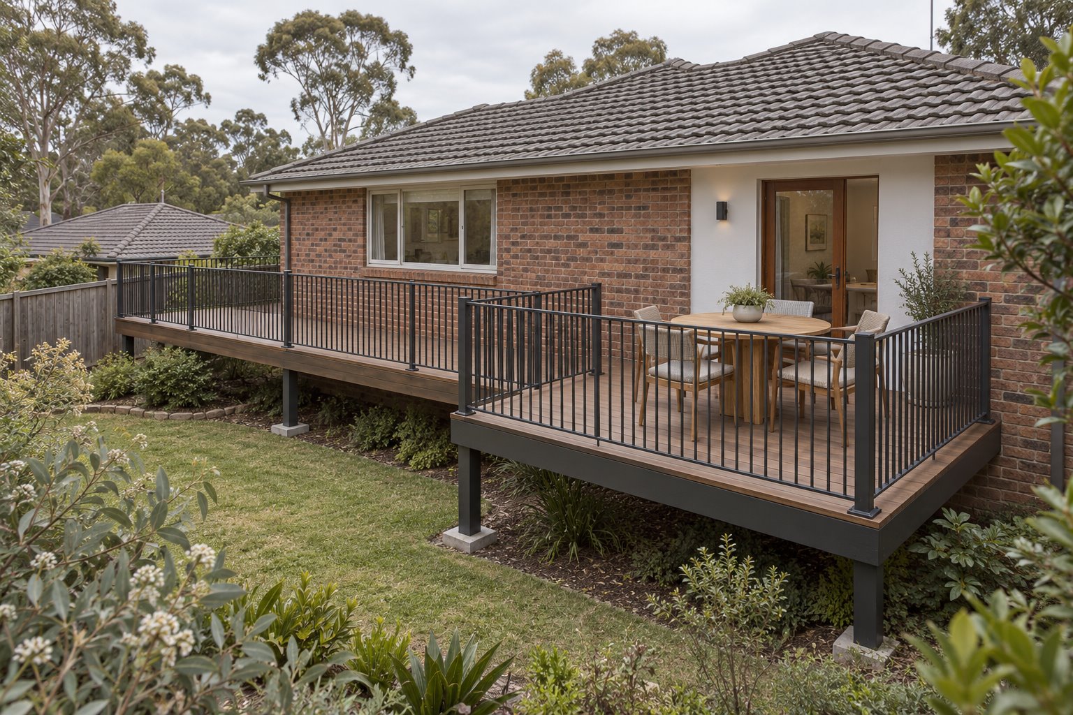 Retained brick home with a narrow raised timber deck widening into a dining bay beside the garden door, with dark vertical railings.