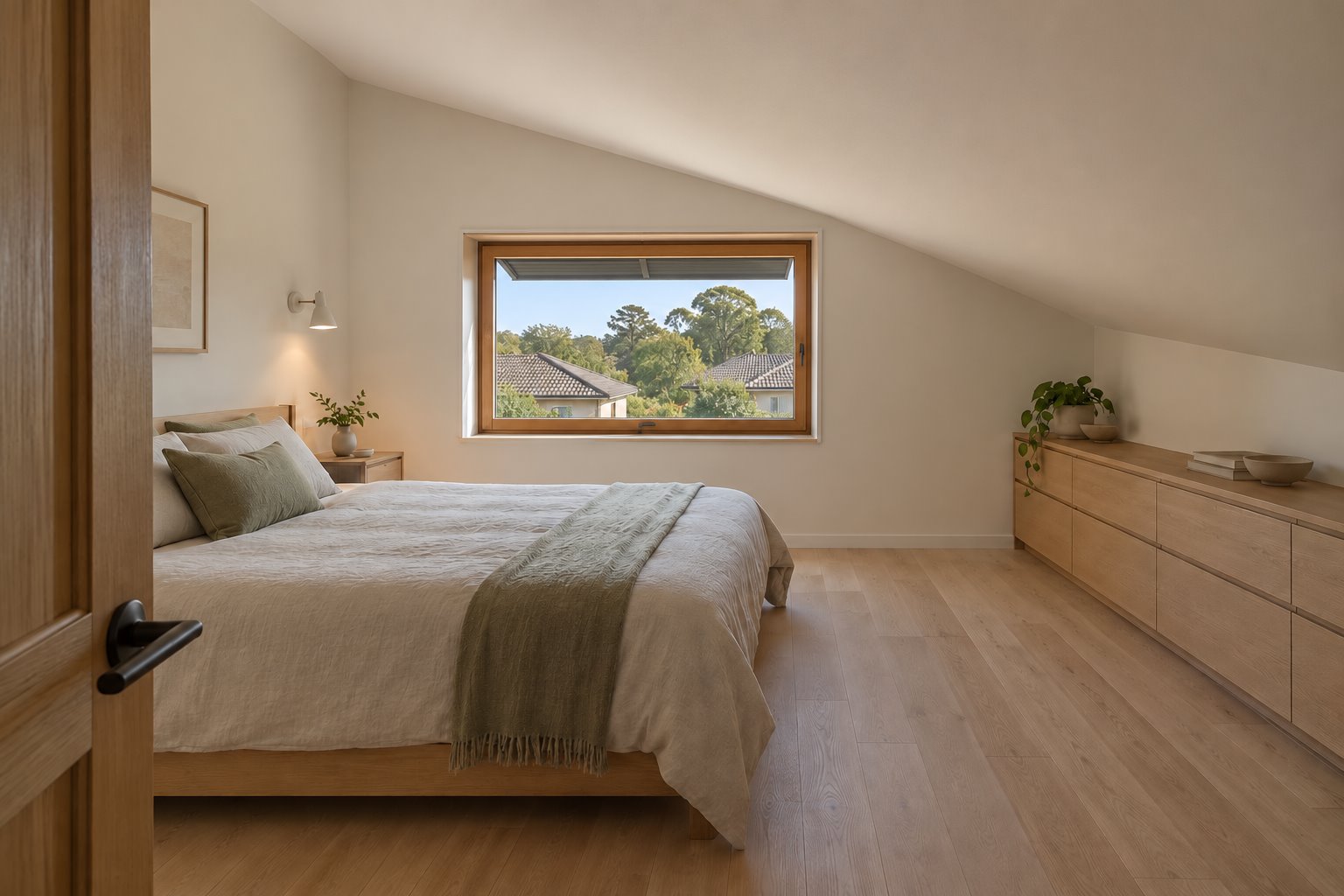 Architectural concept of an upper bedroom with a sloping ceiling, a timber-framed window, low drawers and space beside the bed.