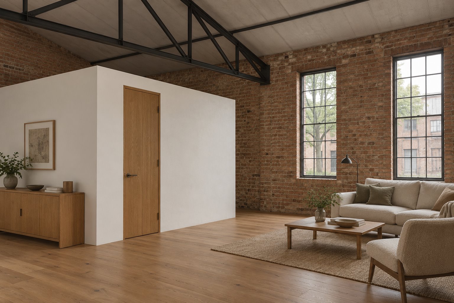 White enclosed room with an oak door stands below an exposed steel warehouse roof frame beside tall brick-wall windows and a sitting area.