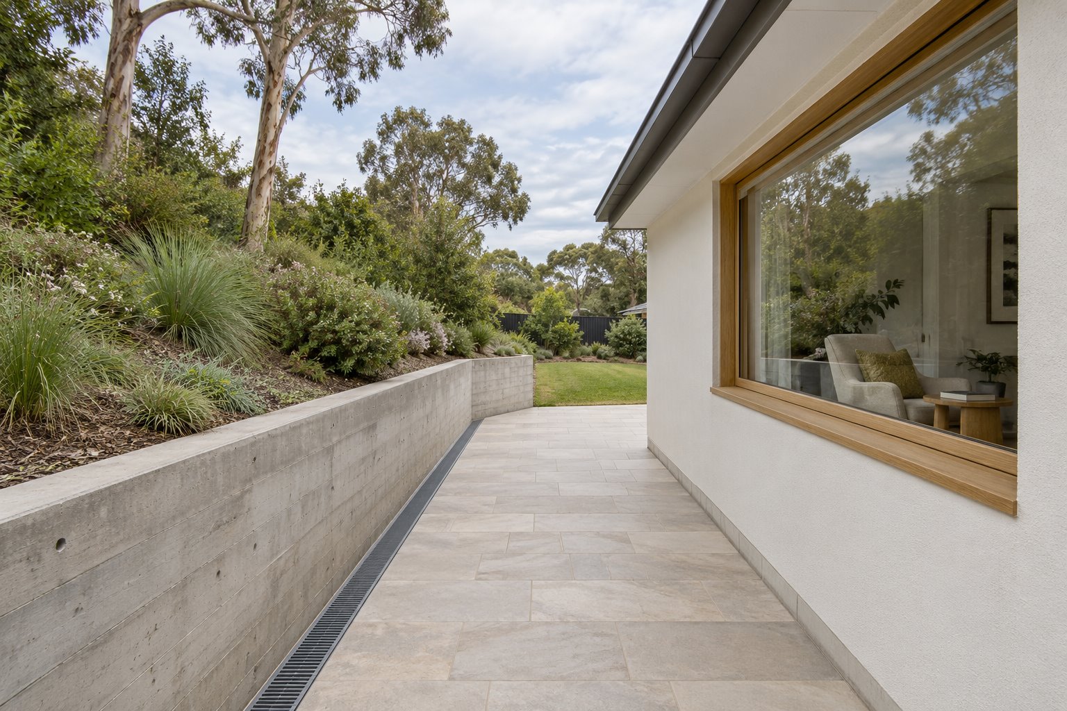 A wide open side space separates an oak-framed living-room window from a low concrete retaining wall and higher planted garden.