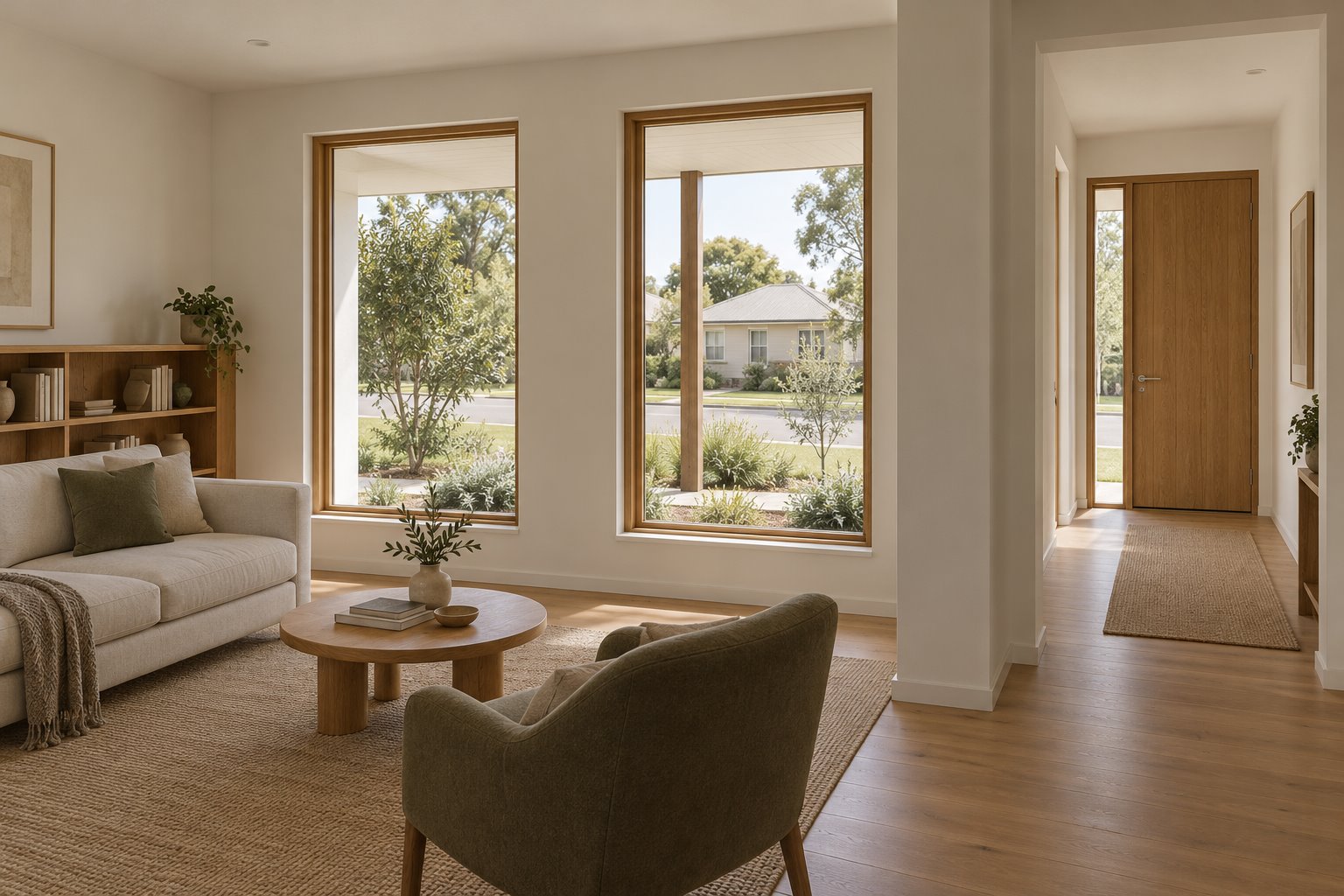 Architectural concept inside a front sitting room with two tall timber-framed street windows and an adjacent entrance hall separated by a white wall pier.