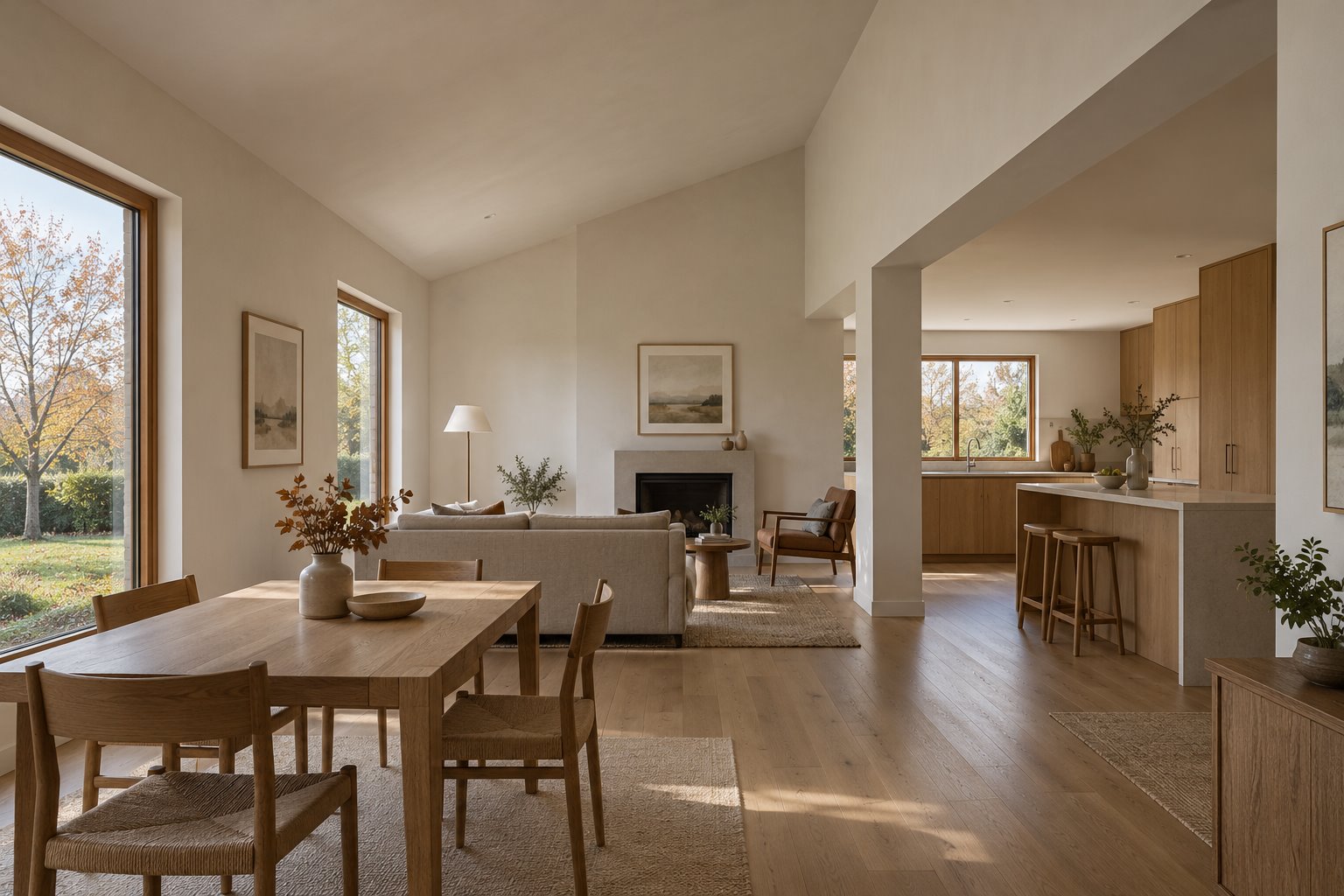 Architectural concept of a living and dining room with a rising ceiling beside a lower-ceilinged oak kitchen.