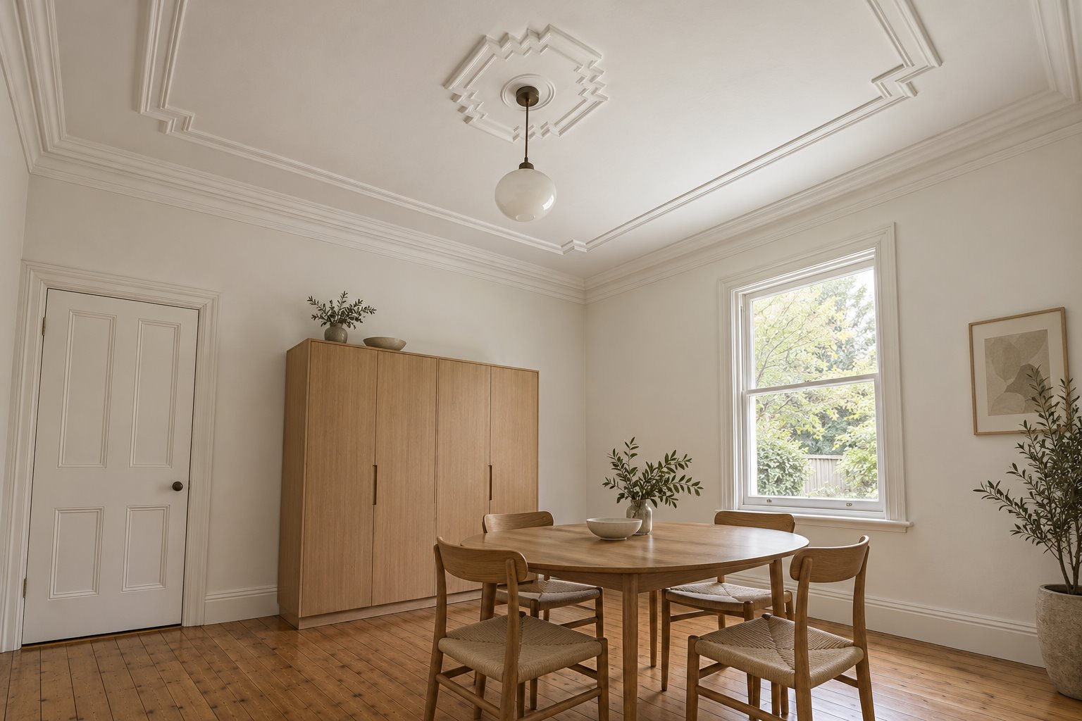 Architectural concept looking up across a white geometric plaster ceiling and cornice, with new oak storage stopping well below the detail.