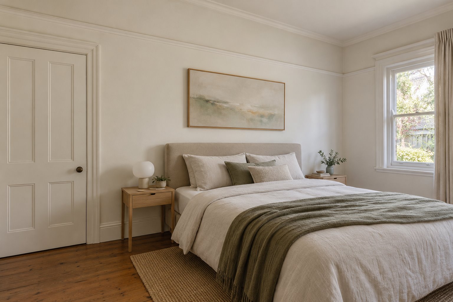 Architectural concept of a renewed bedroom with a continuous pale plaster wall, picture rail, painted door surrounds and a low upholstered bedhead.