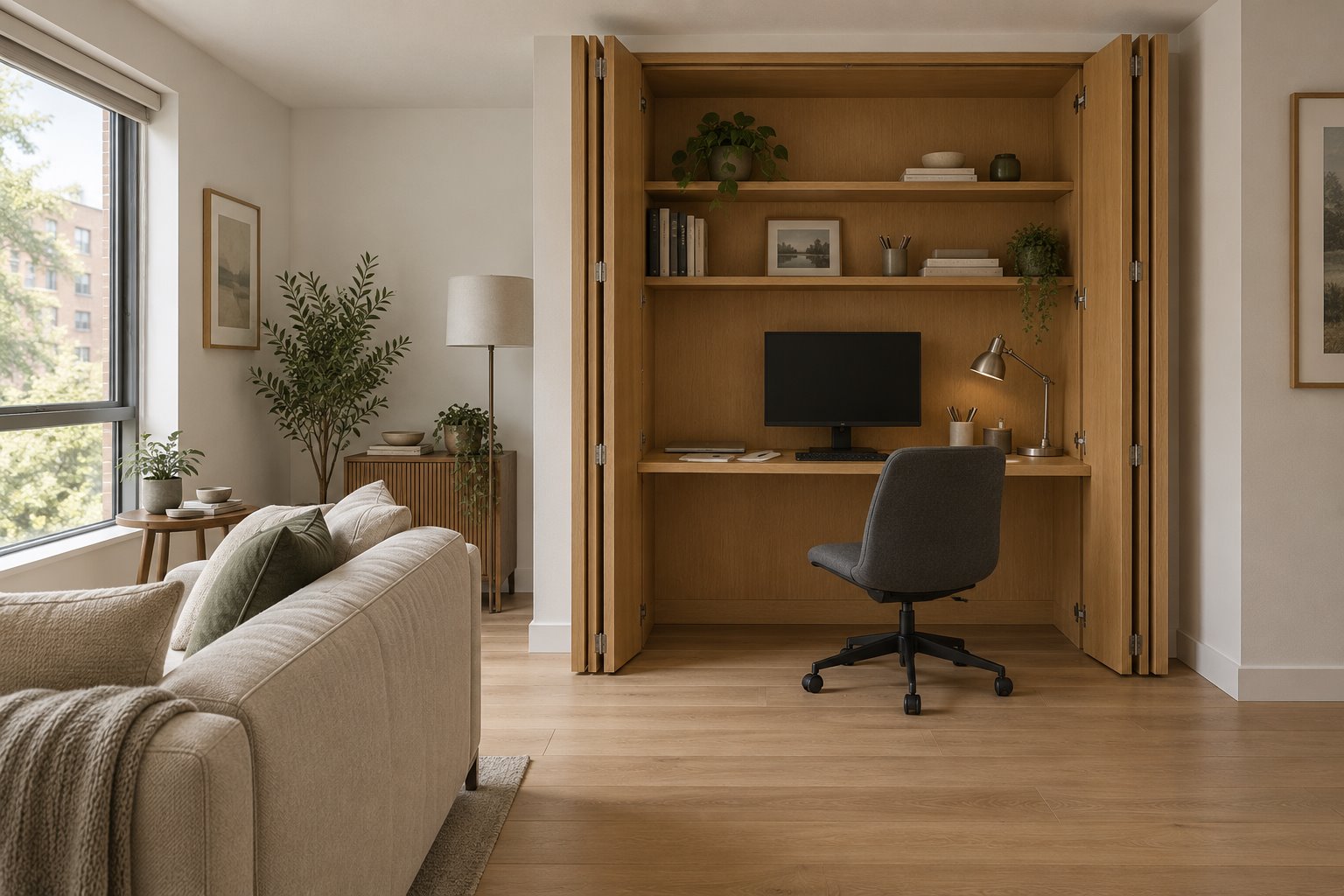 Architectural concept of an open oak work cabinet with monitor, desk and office chair beside a sofa in a shared apartment living room.