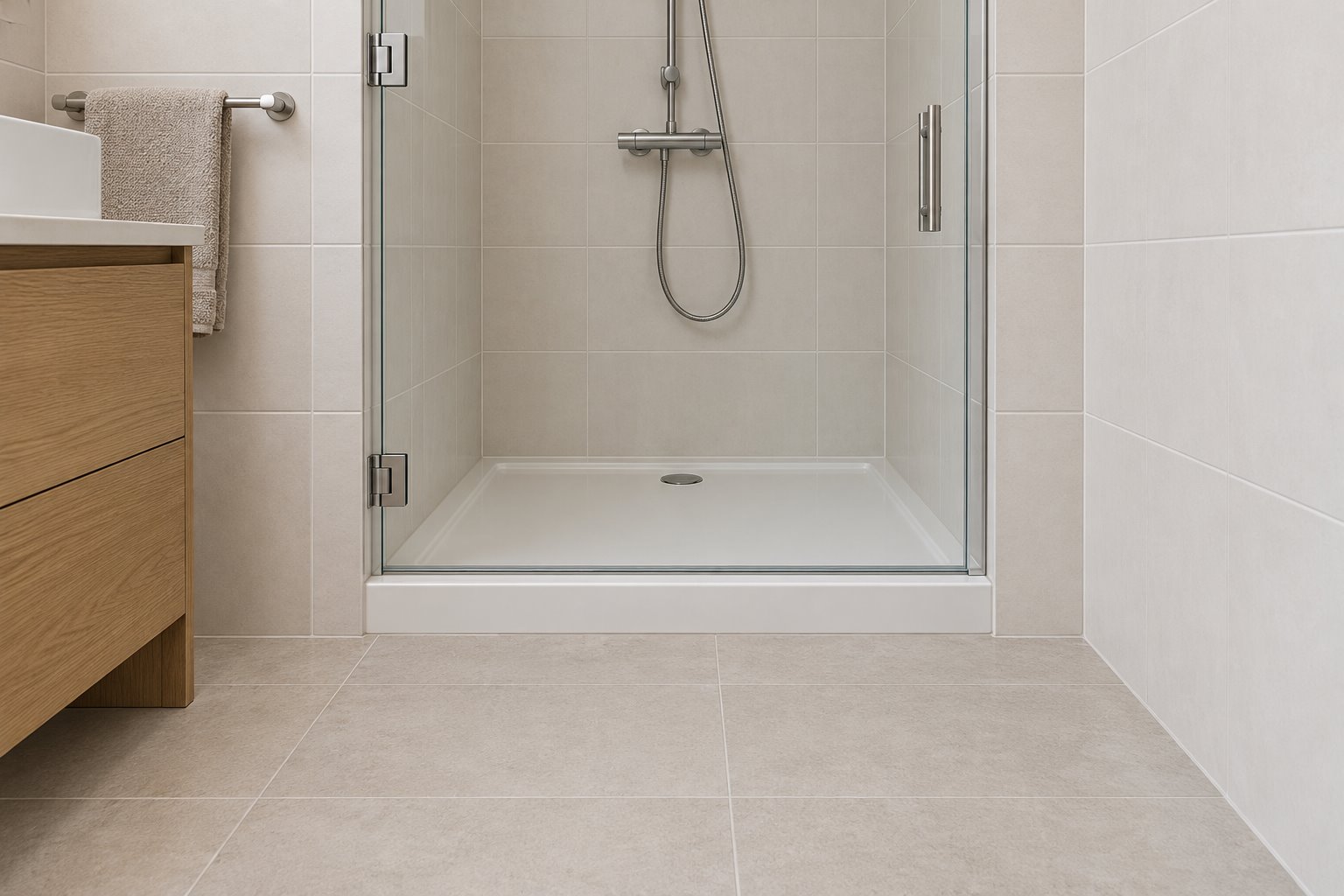 Architectural concept of an enclosed shower with a white raised tray, flat glass door and dry tiled standing space beside an oak vanity.