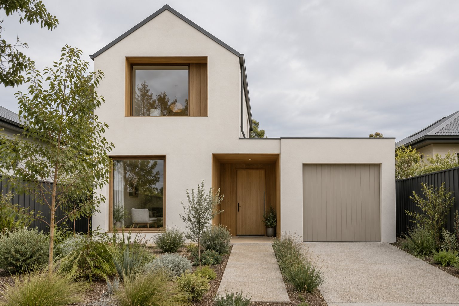 Architectural concept of a compact white gabled two-storey home, lower single garage, recessed timber entrance and planted front room window.