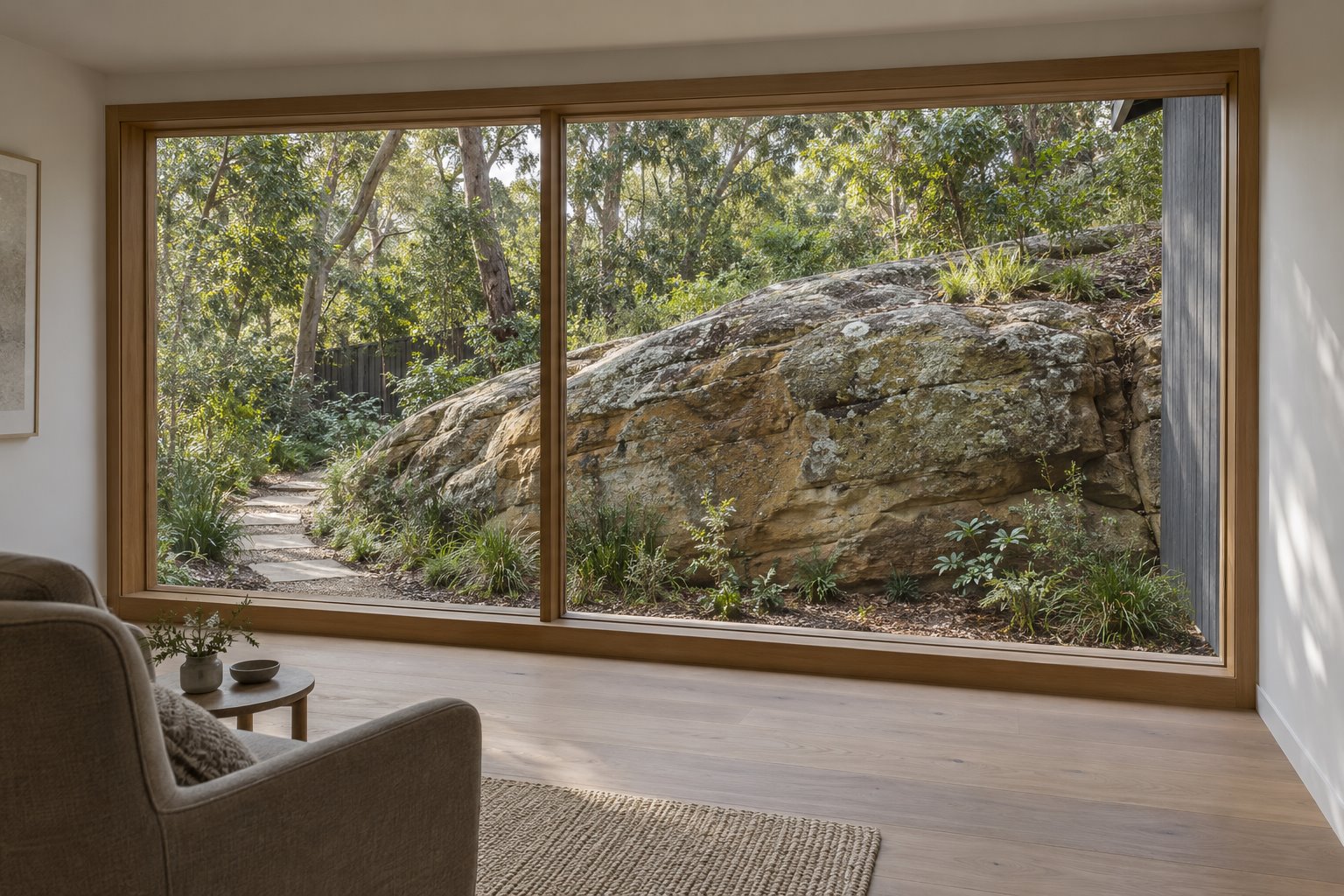 Architectural concept looking from a white sitting room through a timber-framed window at a natural sandstone outcrop separated from the glass by planted ground.