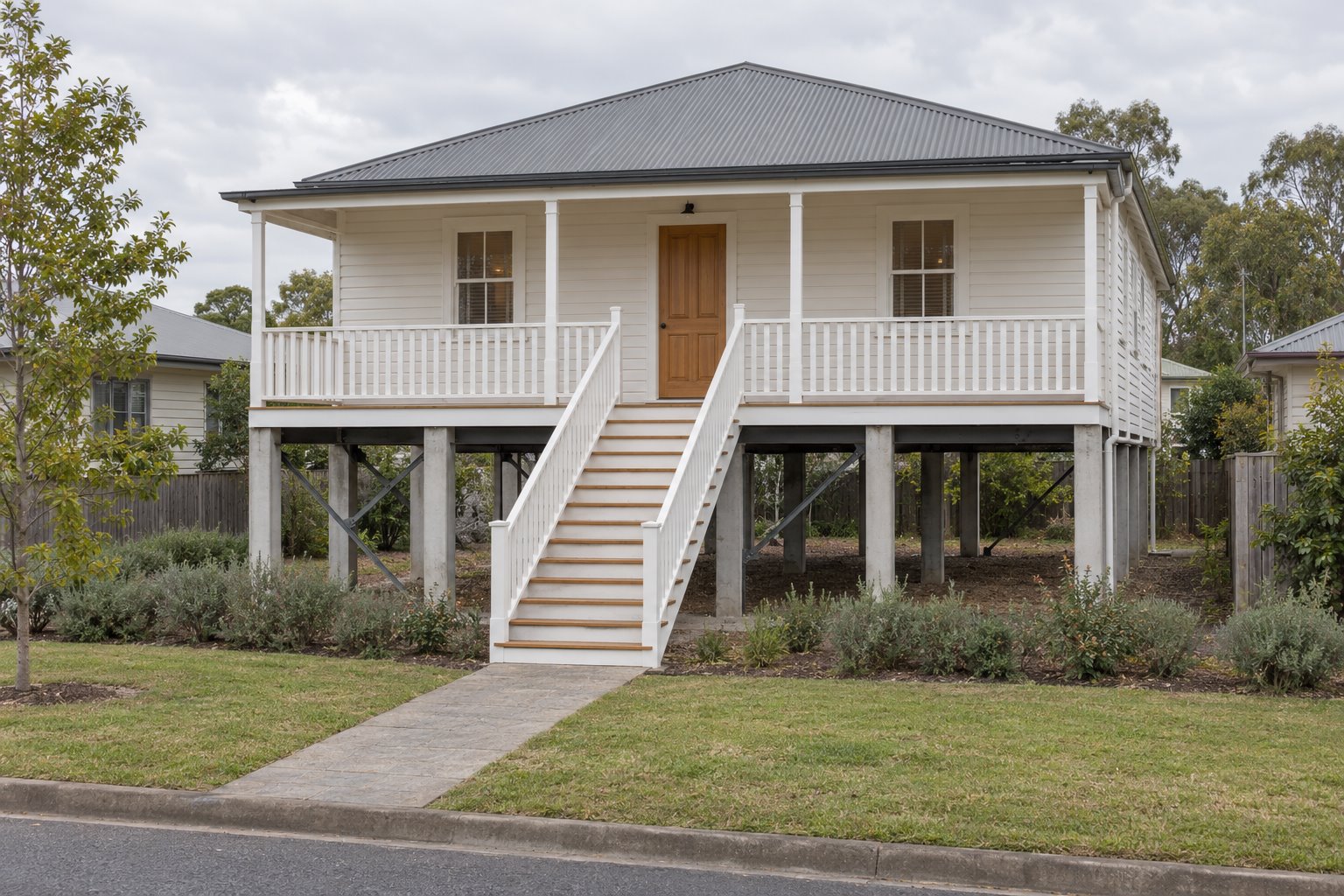 Architectural concept of a retained white weatherboard cottage raised on concrete piers, with a full front verandah and central straight stair from the street garden.