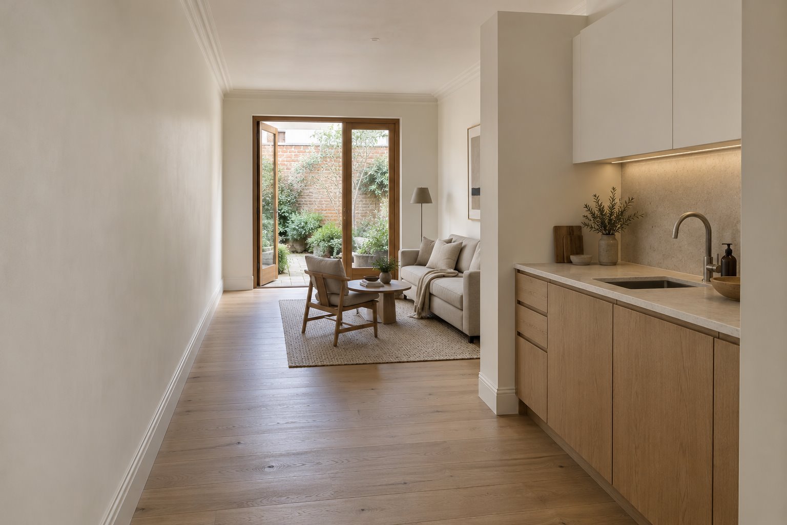 Architectural concept of a narrow home with a long clear plastered wall, compact kitchen opposite and sitting area beside timber garden doors.