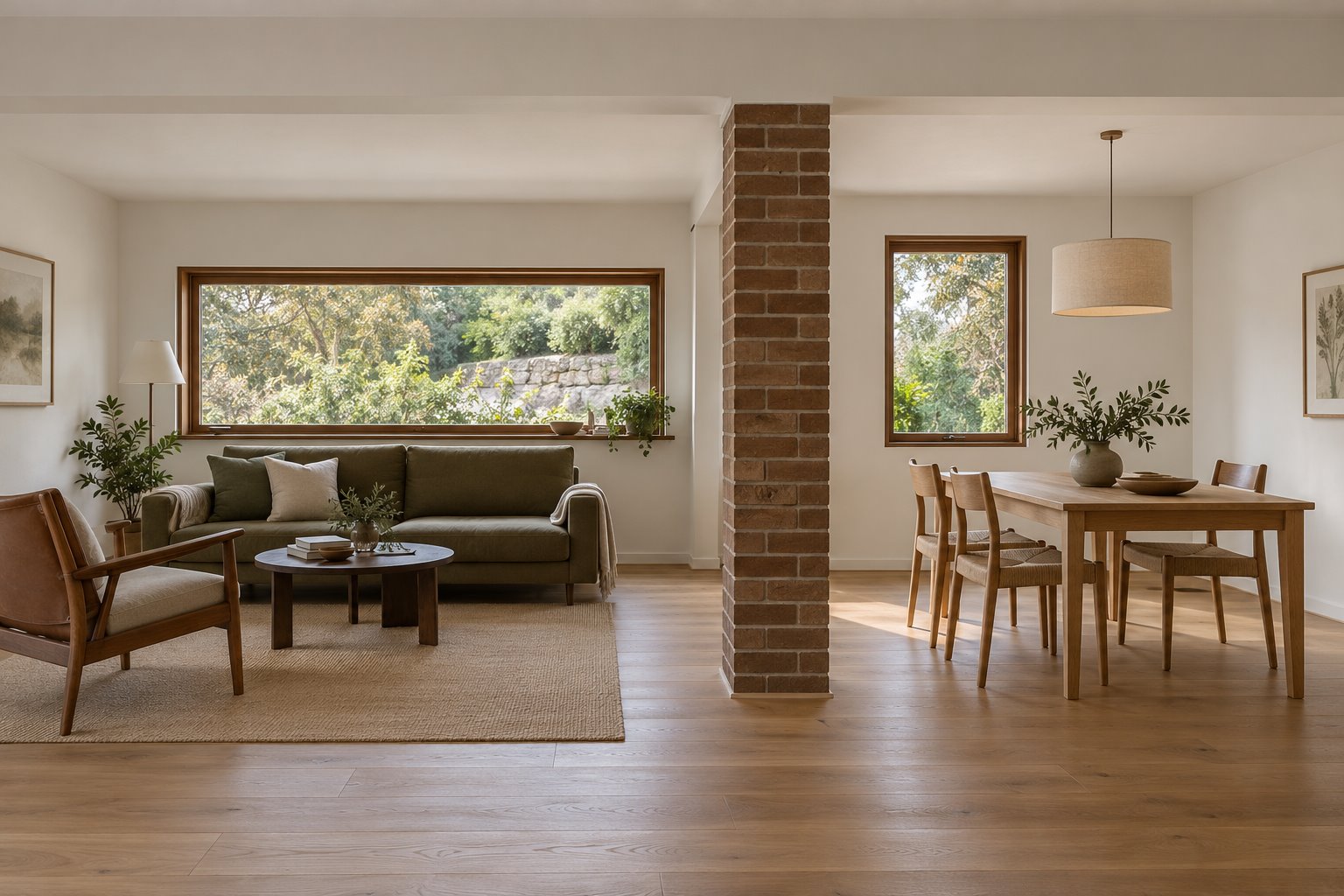 A continuous timber floor connects an olive-sofa sitting area and oak dining table, with a central brick pier and differently proportioned garden windows.