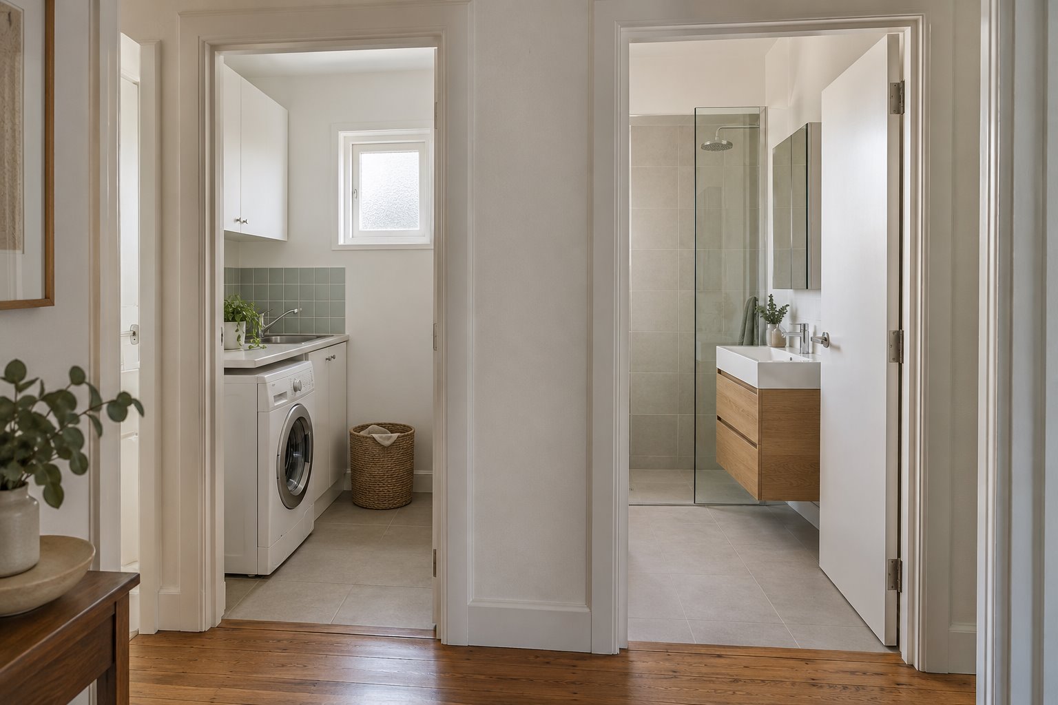 Two adjacent doorways from a timber-floored passage lead separately to a small laundry and a bathroom.