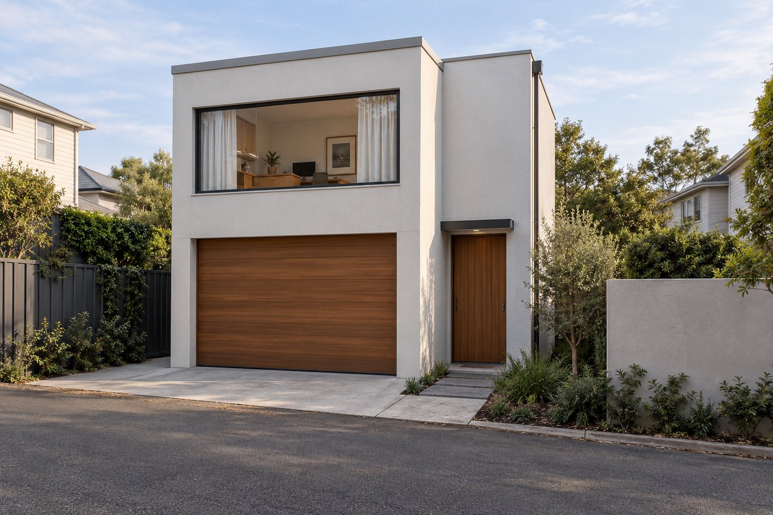 Compact white two-storey rear building with an upper room window, timber garage door and separate pedestrian door facing a lane.