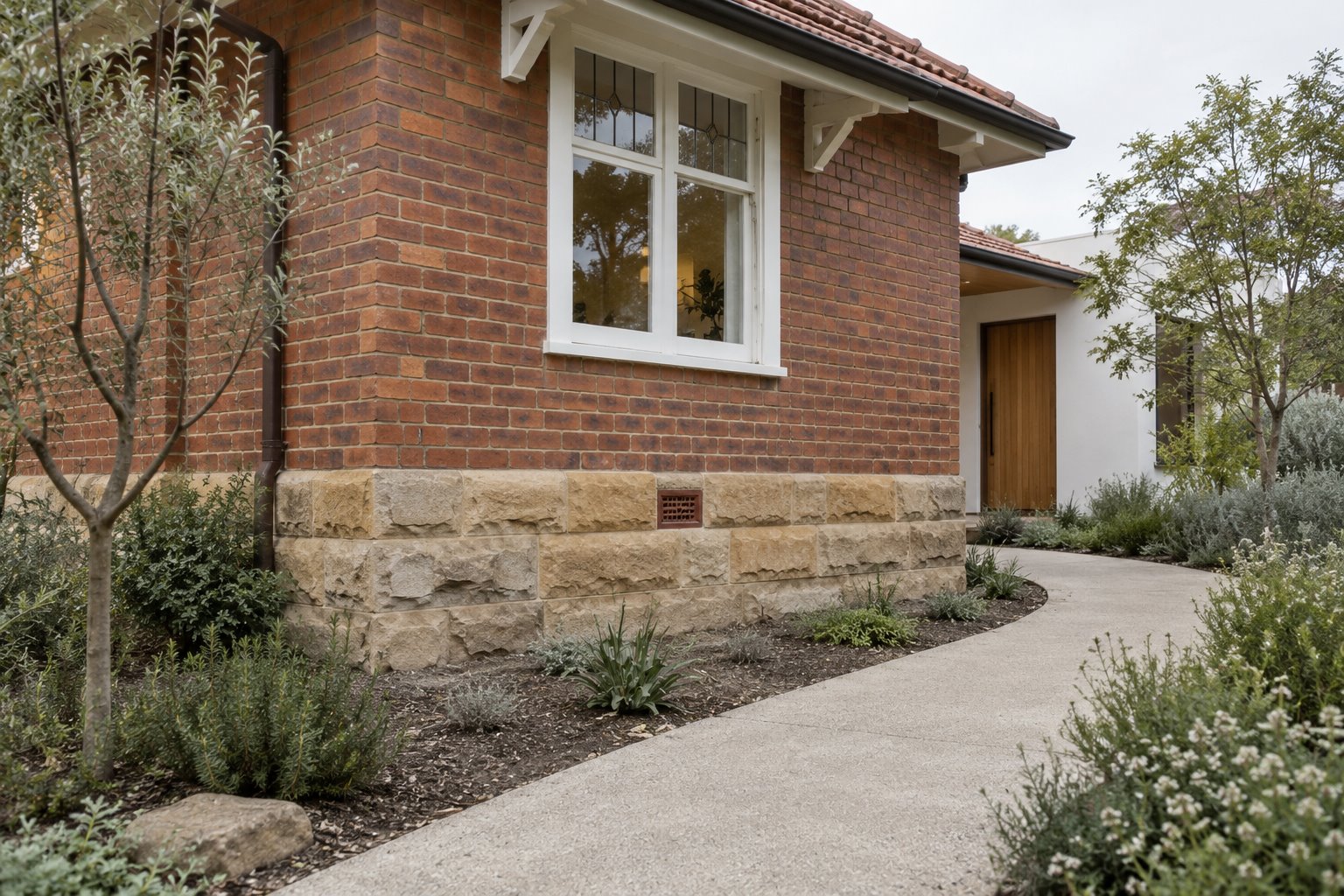 Retained red-brick bungalow over an exposed sandstone base with a small wall vent, an offset curved garden path and a white addition beyond.
