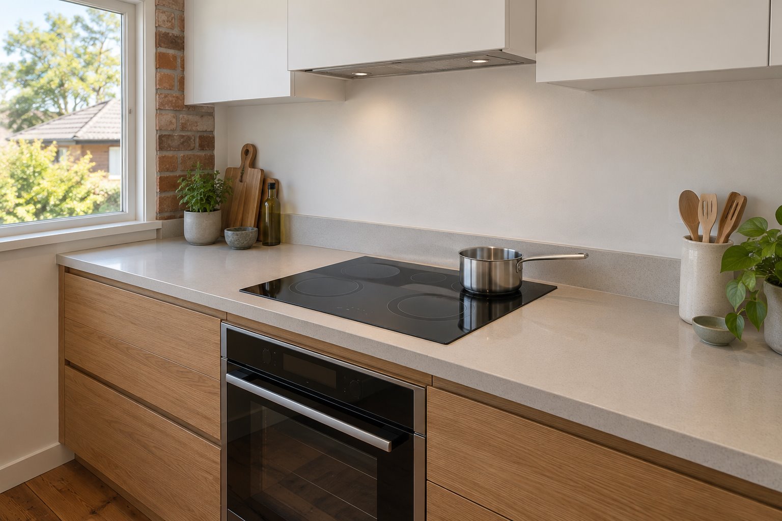 Black glass electric cooktop and saucepan in a pale straight benchtop with oak drawers, an oven, white rangehood and a garden window.