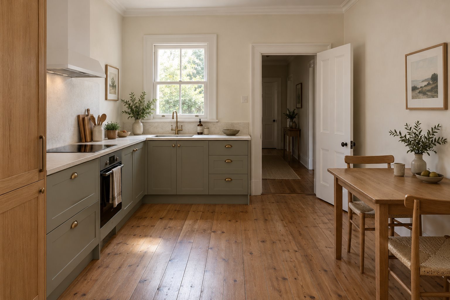 New L-shaped domestic kitchen and small timber table within a cottage room, retaining a sash window and panelled doorway.