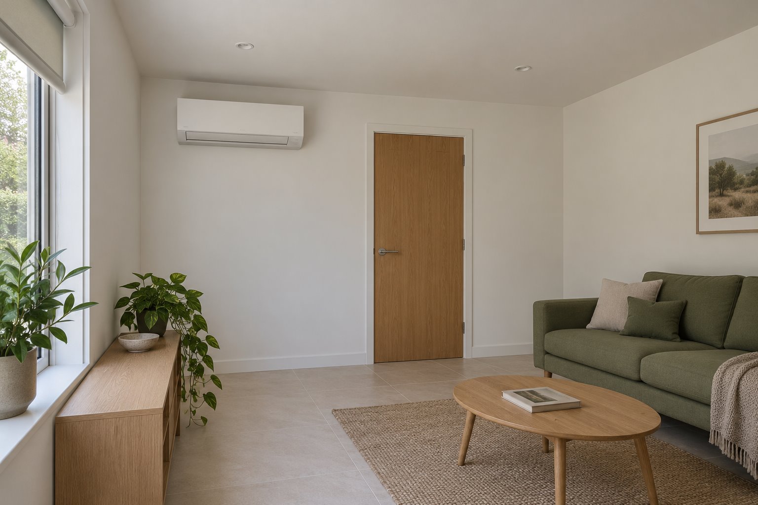 Visible white wall air conditioner beside a closed timber door in a sitting room with a flat ceiling and green sofa.