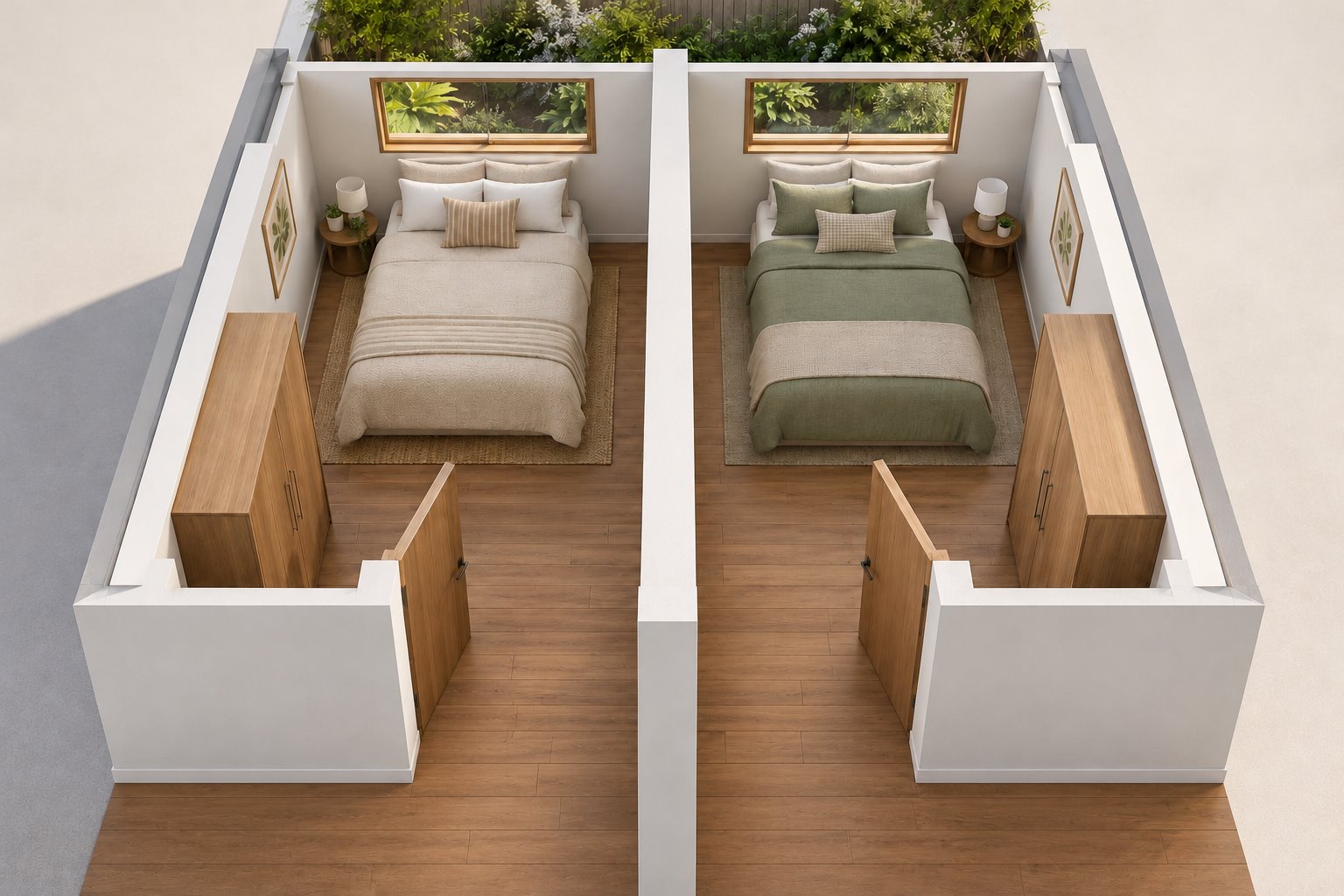 Architectural cutaway of two separate garden-facing bedrooms on opposite sides of a continuous wall, each with its own door approach and wardrobe.