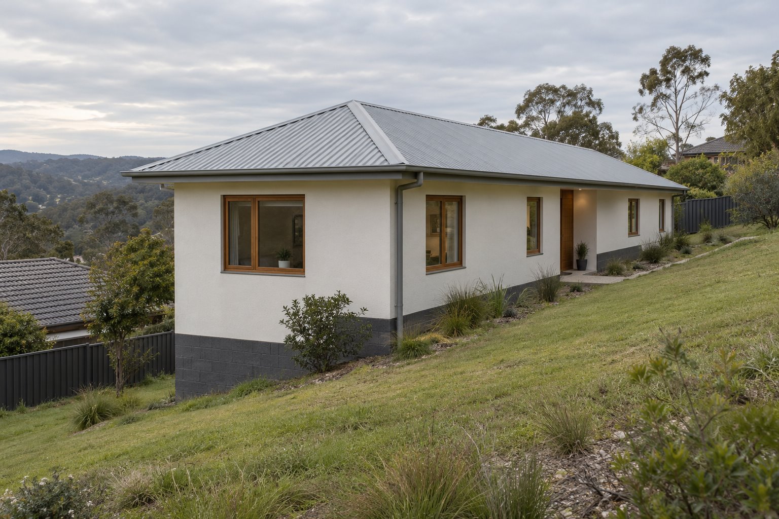 A slender single-storey mineral house with a hipped metal roof and enclosed masonry base beside a sloping grass garden.