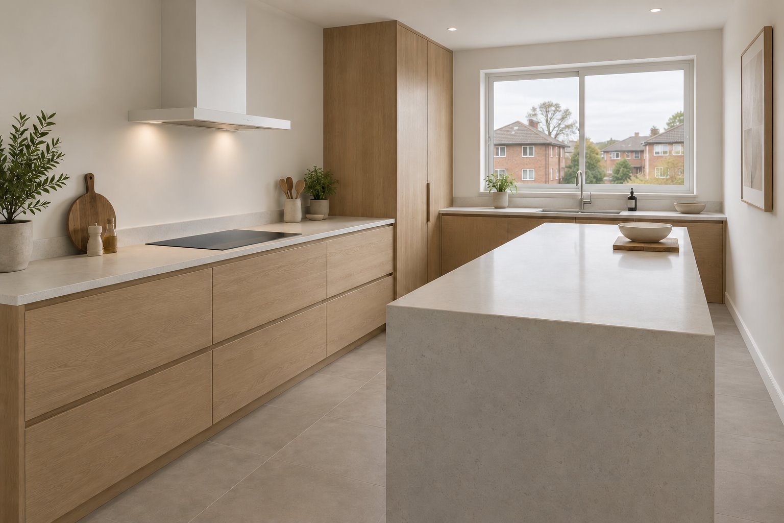 Concept kitchen with a cooktop and white hood against the wall, oak cabinetry and a clear pale preparation island.