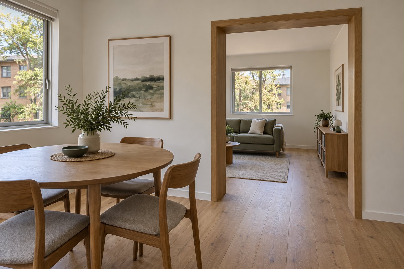 A round dining table sits beside a clear route through an oak-lined opening into a separate sitting room; both rooms have exterior windows.