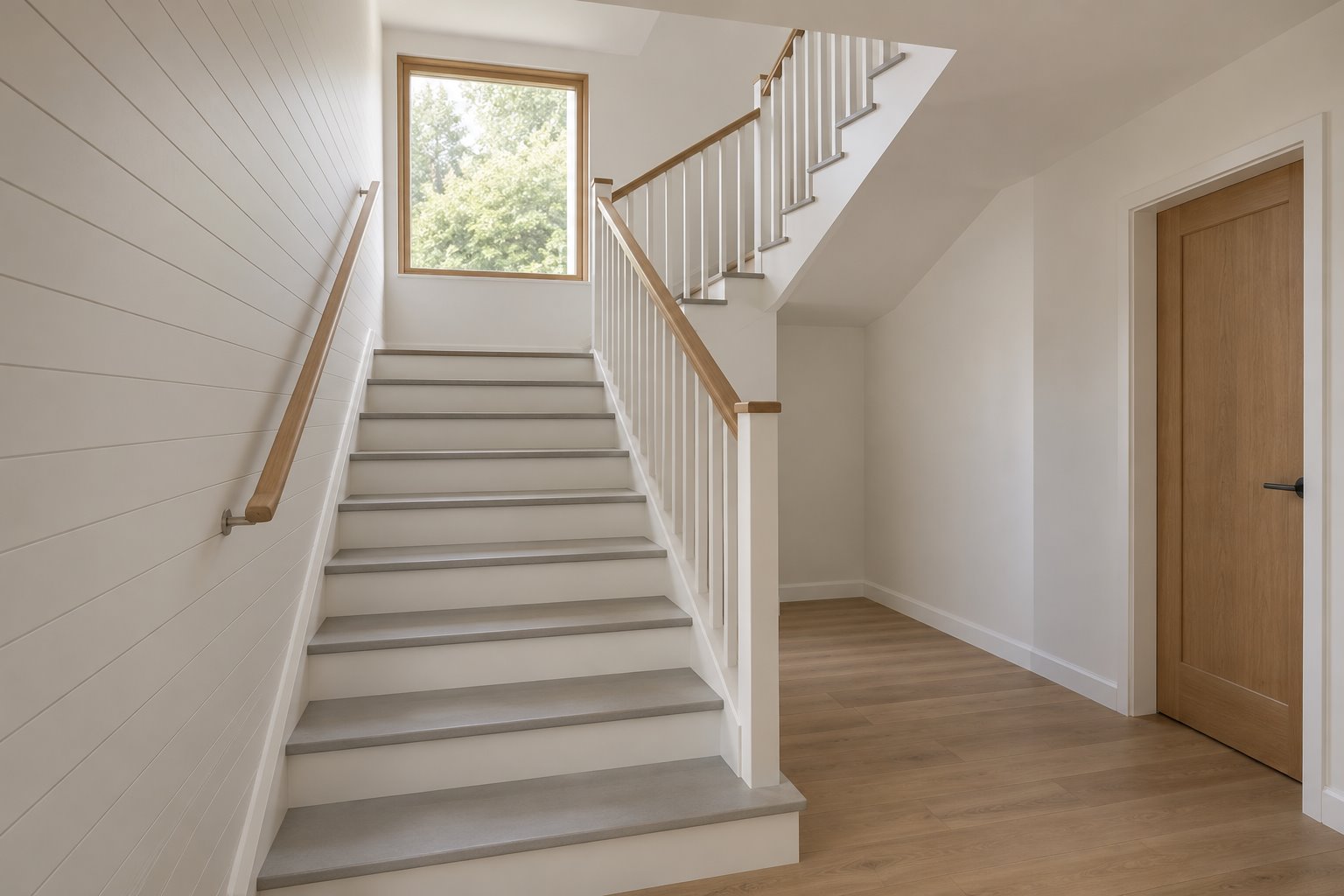 Interior concept of a turning stair with pale mineral treads, white risers, timber handrails and vertical guarding, a window at the intermediate landing and a separate hall door.