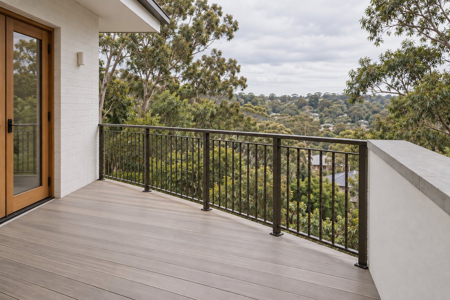An elevated balcony has an open dark metal front railing meeting a solid pale side wall, with a white-brick house wall, timber-framed door and trees beyond.
