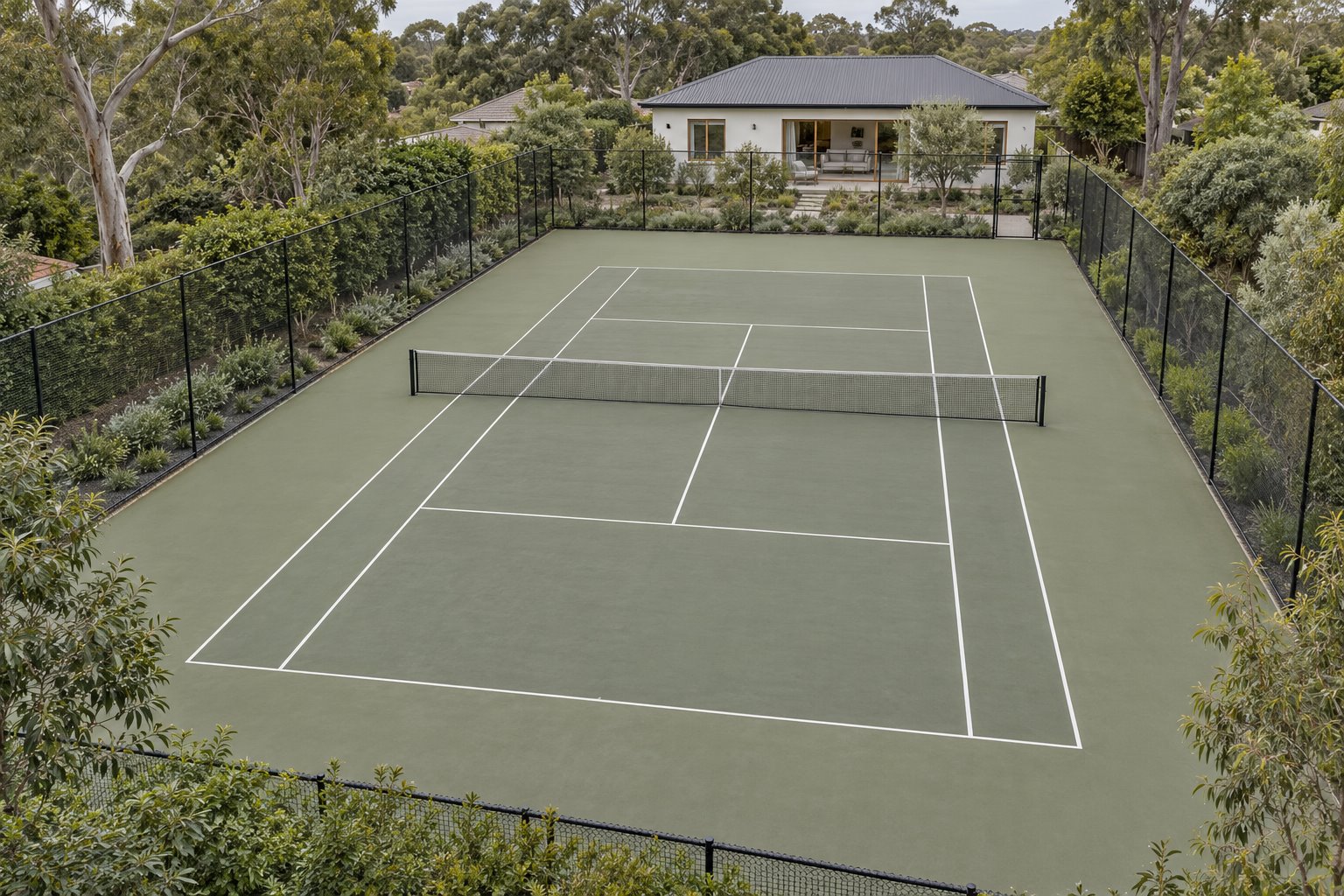Elevated view of an olive-grey tennis court with clear margins, dark mesh fencing and a planted separation from a white home.