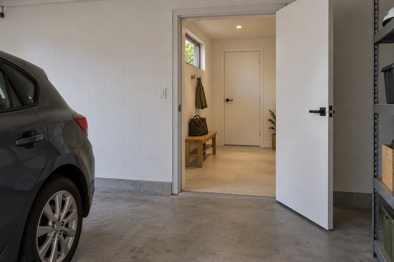 Architectural concept viewed from a garage beside a cropped parked grey car, through an open solid white door to a small tiled lobby with timber bench, high window and a second closed door.