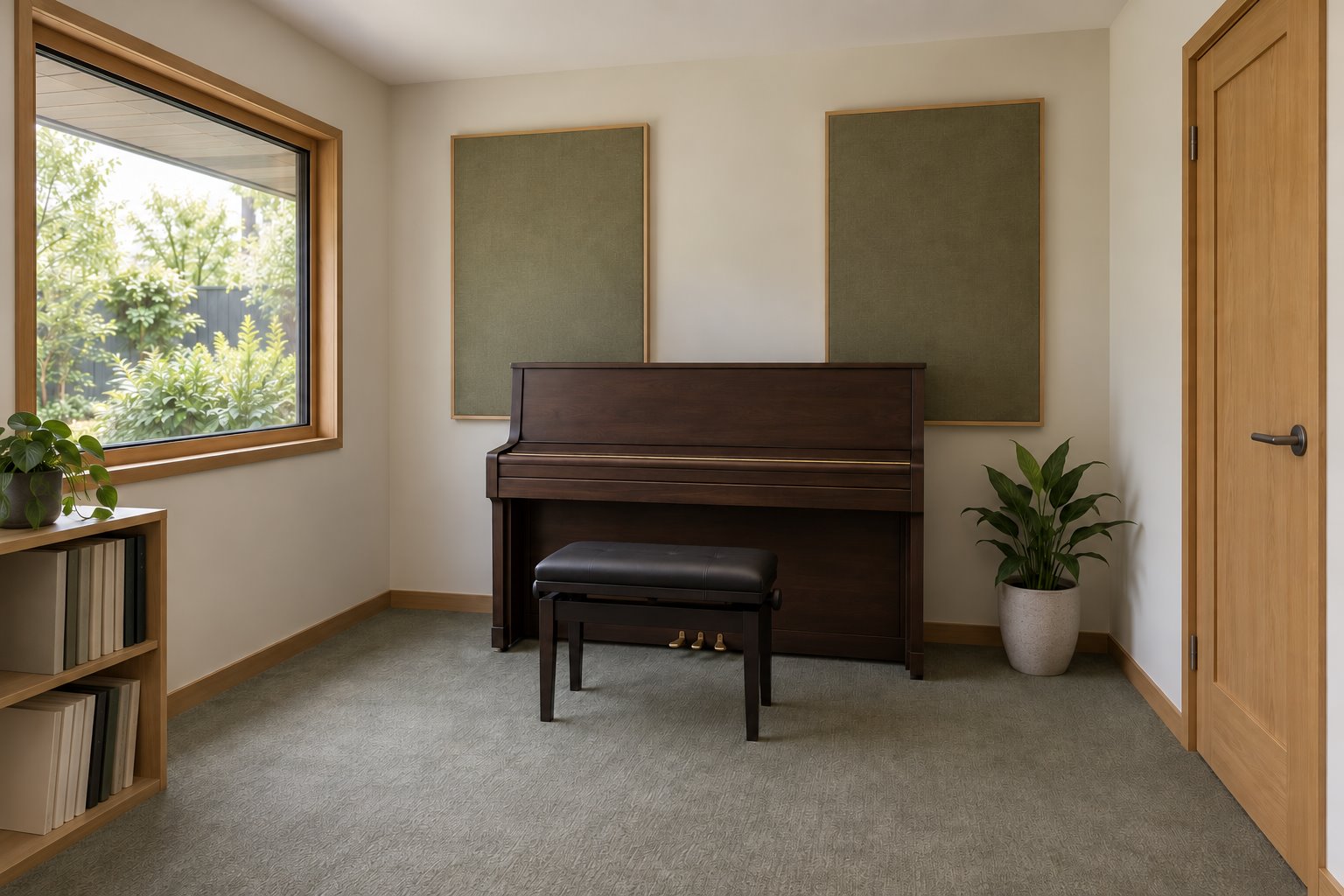 Upright walnut piano and separate bench in a room with fabric wall panels, a shaded garden window and closed timber door.