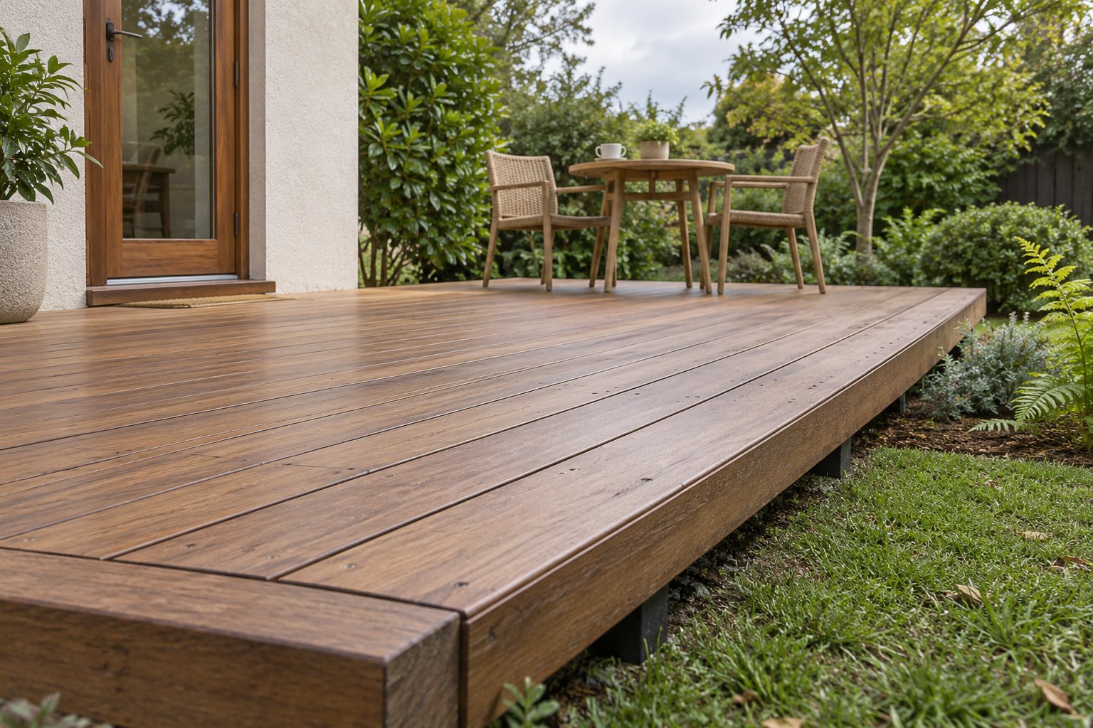 Low close architectural concept view across a timber-board deck with a raised fascia and visible dark supports, beside a white house, closed timber-framed door, garden and two-chair table.