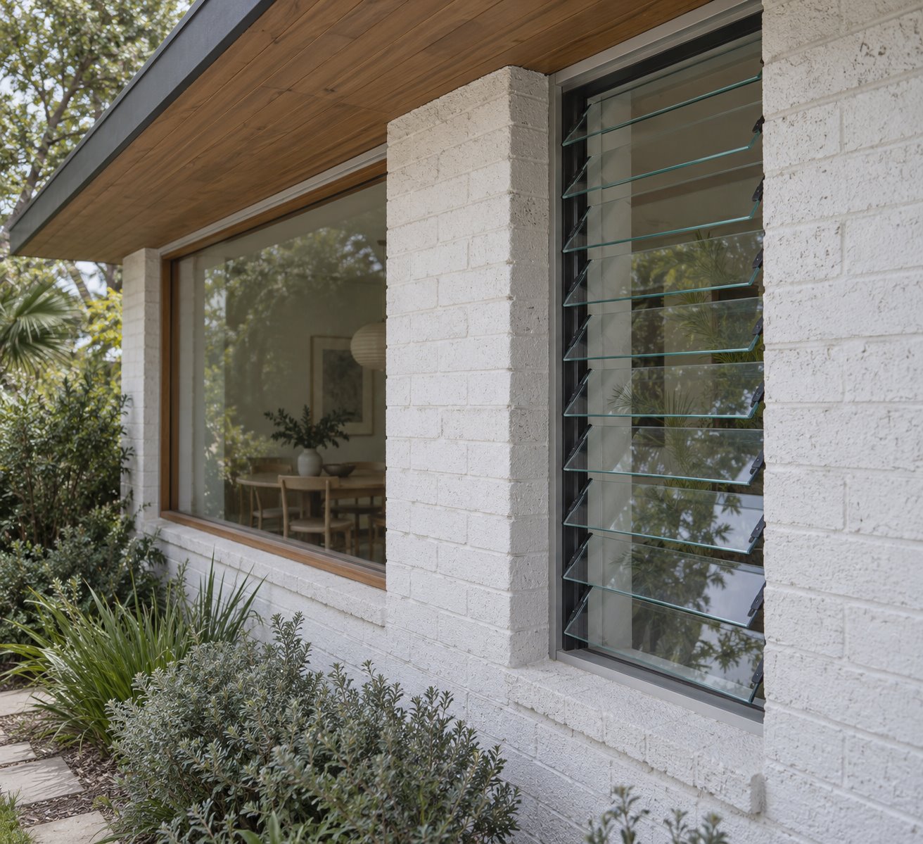 Exterior view of open clear glass louvre blades beside a separate wider fixed window in a white brick wall under a timber-lined eave.