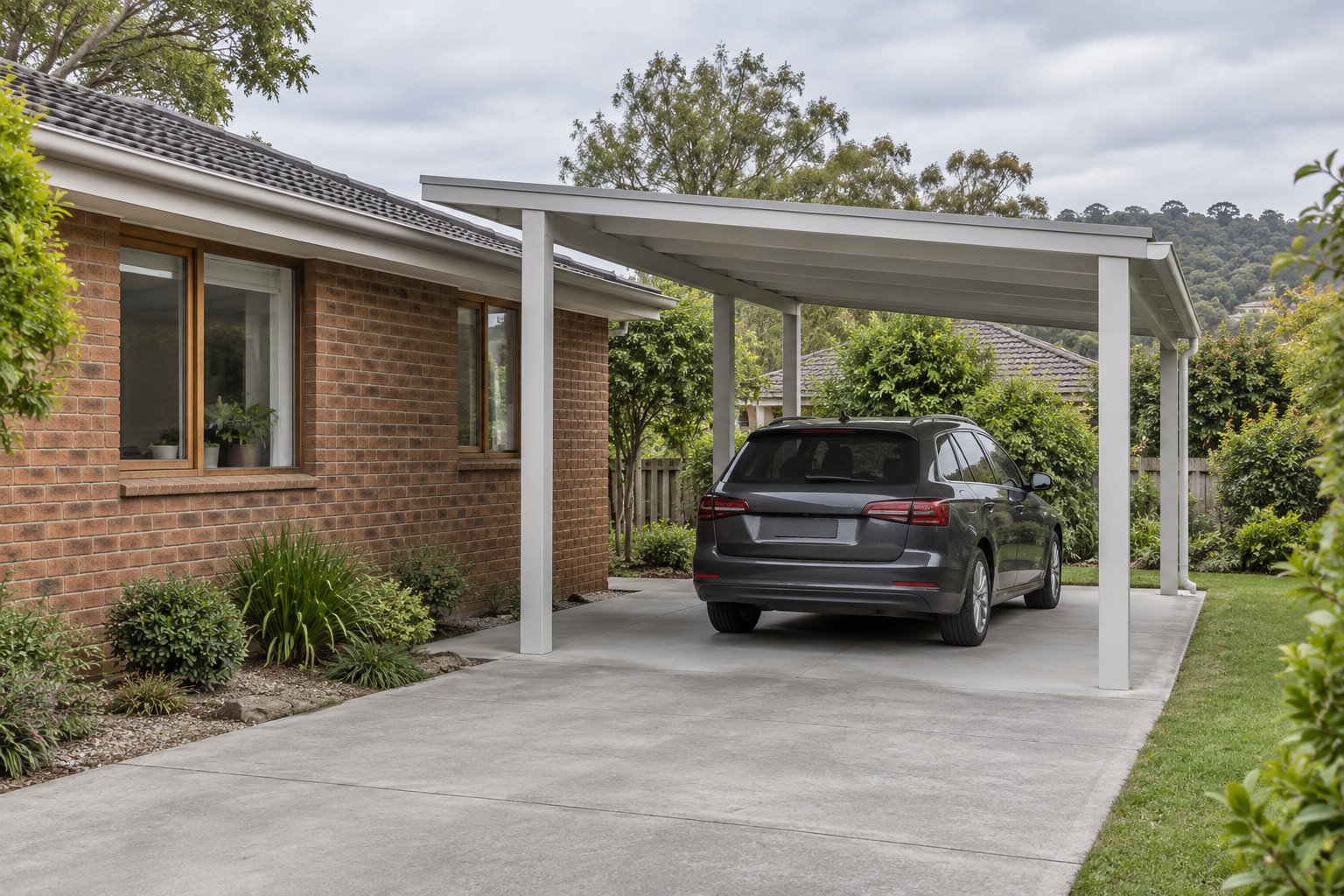 An open pale-metal carport and its posts shelter a grey car beside a retained brick house, with space between the car and house.