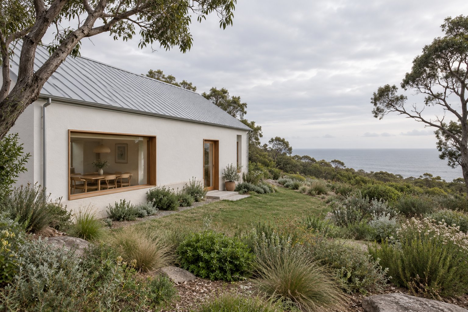 A single-storey white home with timber-framed windows sits beside a broad planted garden, with the ocean beyond.