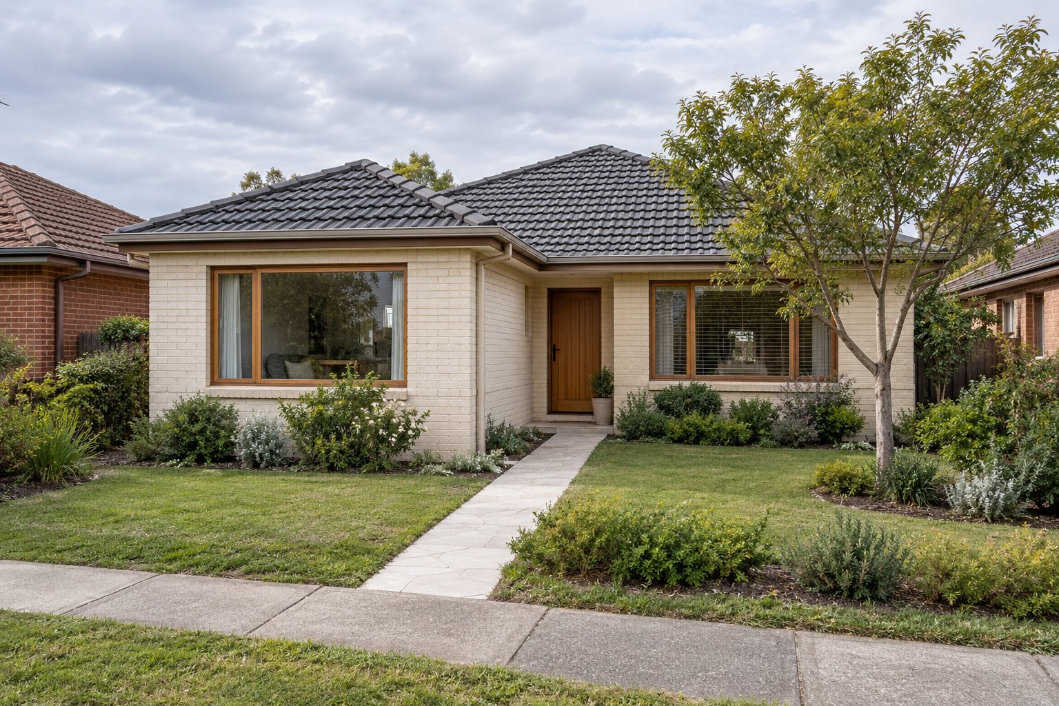 A cream-brick front room projects beside a visible timber entrance and retained window, with a path through the planted garden.