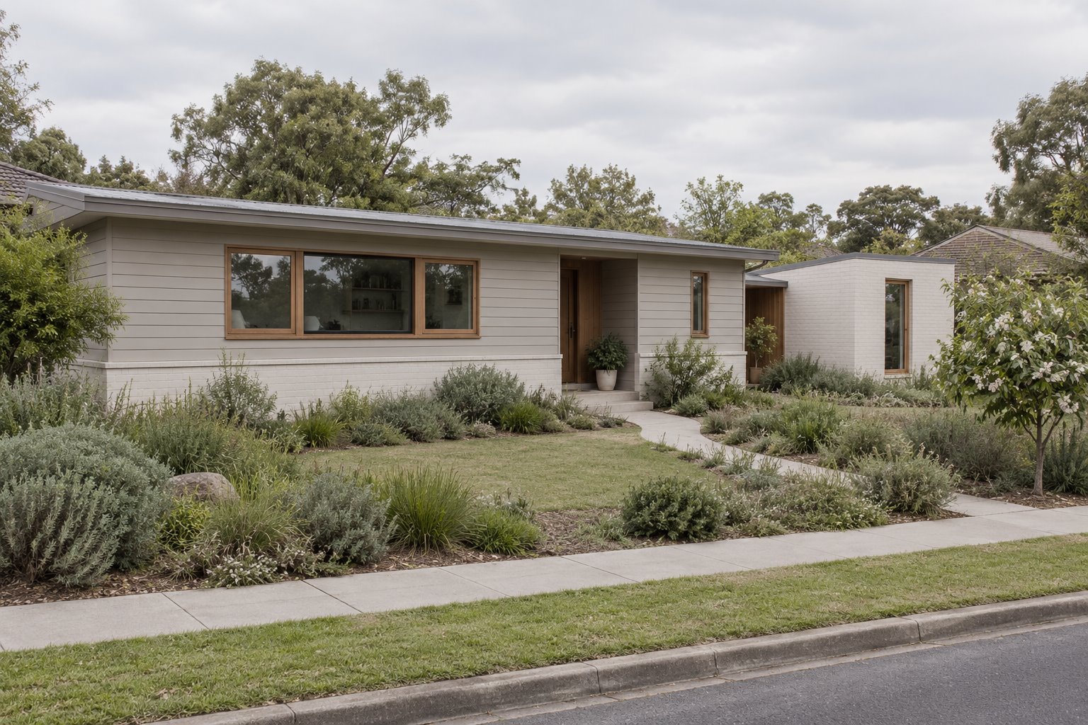 A low weatherboard home and small white-brick side addition sit behind an open planted front garden.