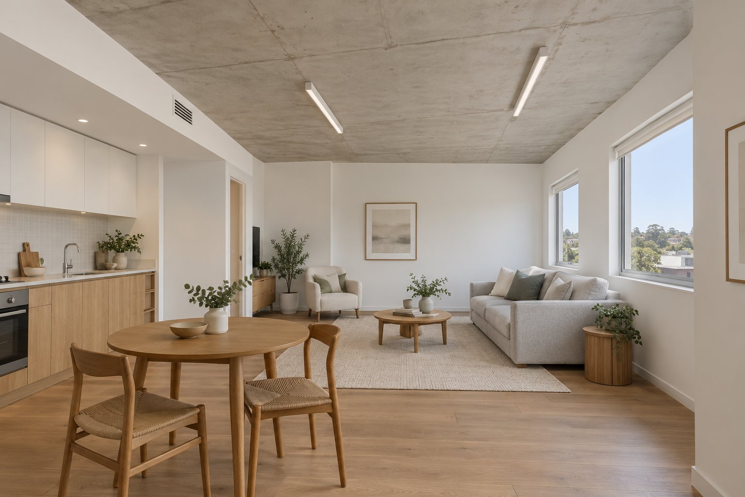 An apartment living and dining room has a pale exposed concrete ceiling meeting a lower white ceiling zone over a timber kitchen.