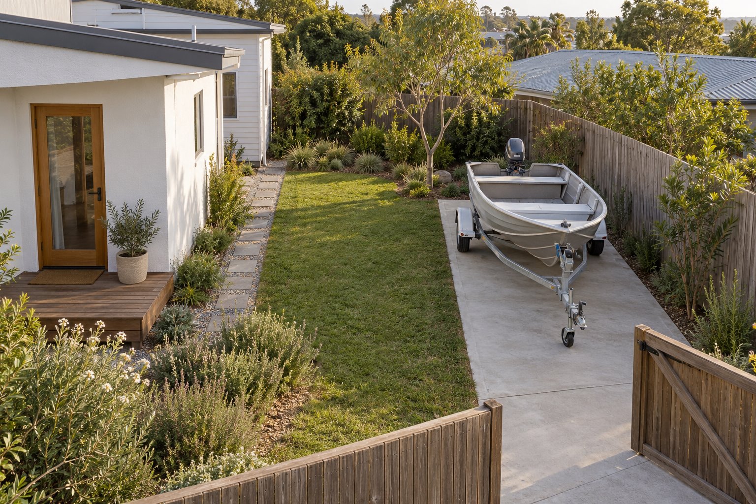 A small aluminium boat on a wheeled trailer faces an open timber gate beside a white house and planted garden.