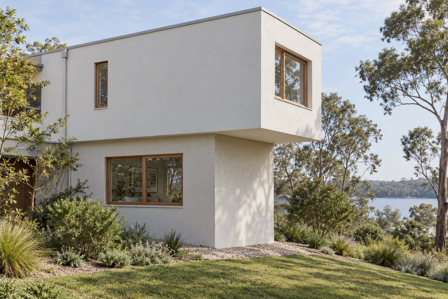 A white upper room projects beyond the end of a lower masonry wall, with its short exposed underside above a gravel garden edge.